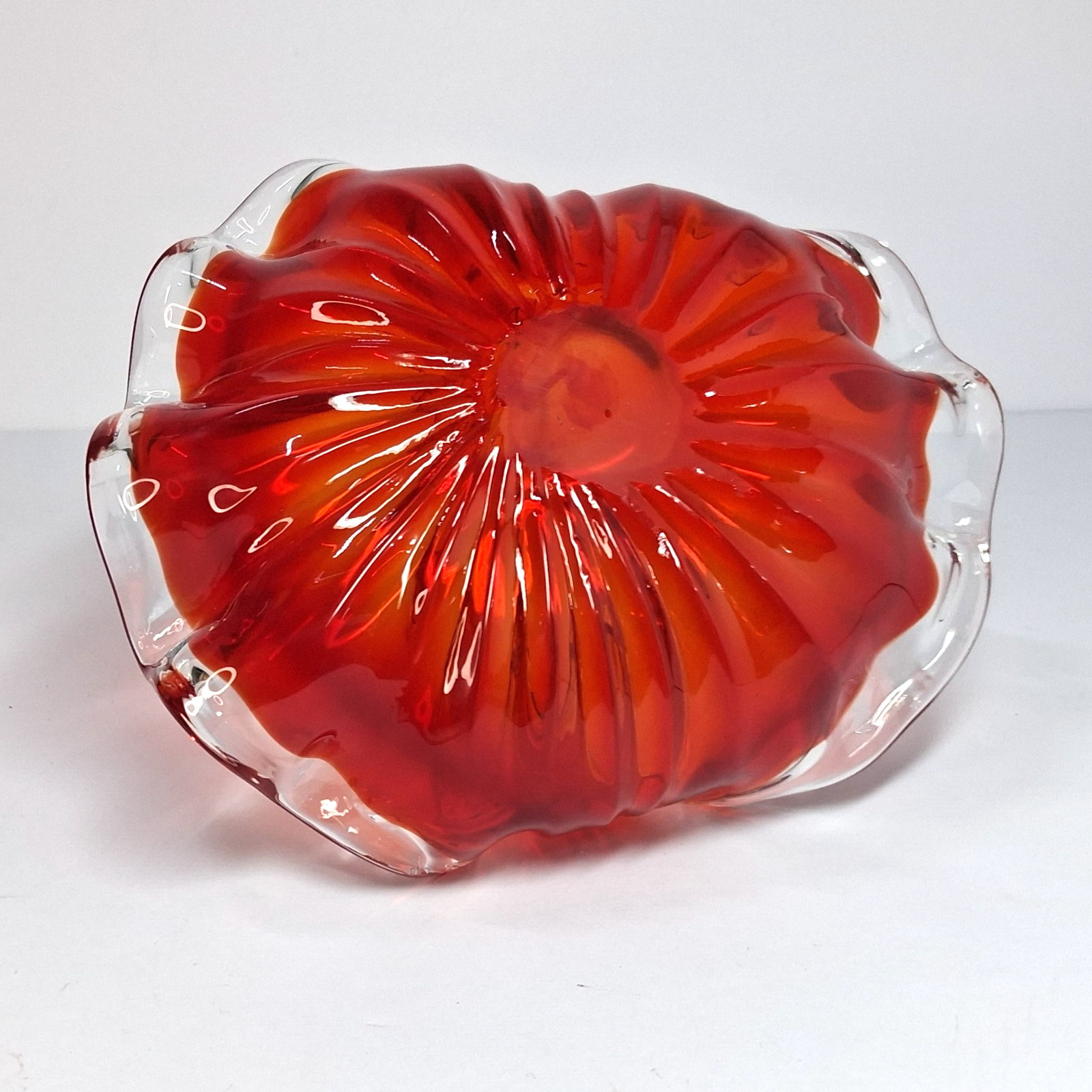 Vintage MCM Art Glass Free Form Handled Bon Bon Dish Red Persimmon Crystal Clear