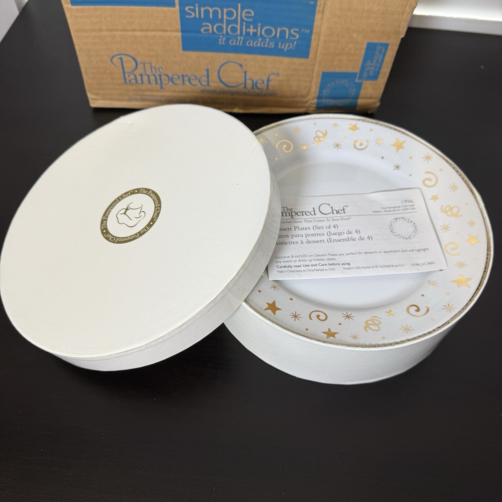 Pampered Chef Celebration Party Dessert/Salad Plates Set of 4 w/Box Gold Stars