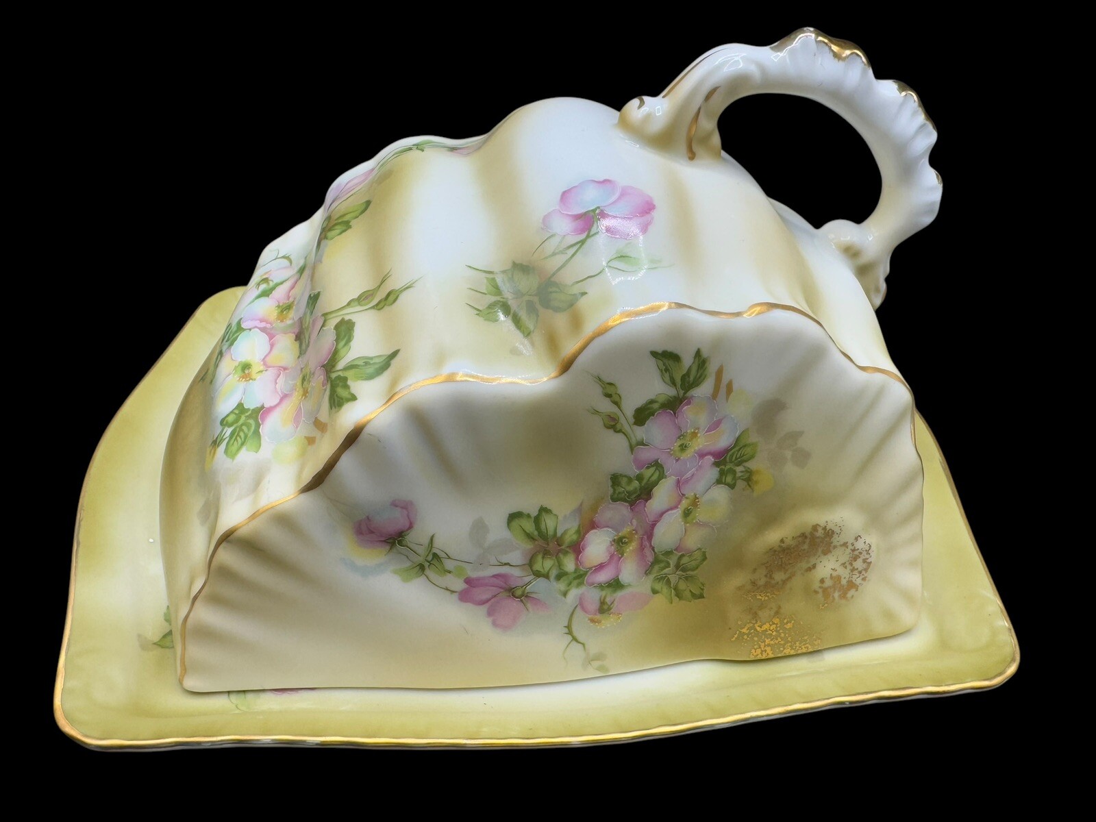 Exquisite Nippon Large Covered Cheese Butter Dish 7.5″ x 6″ Floral Rose