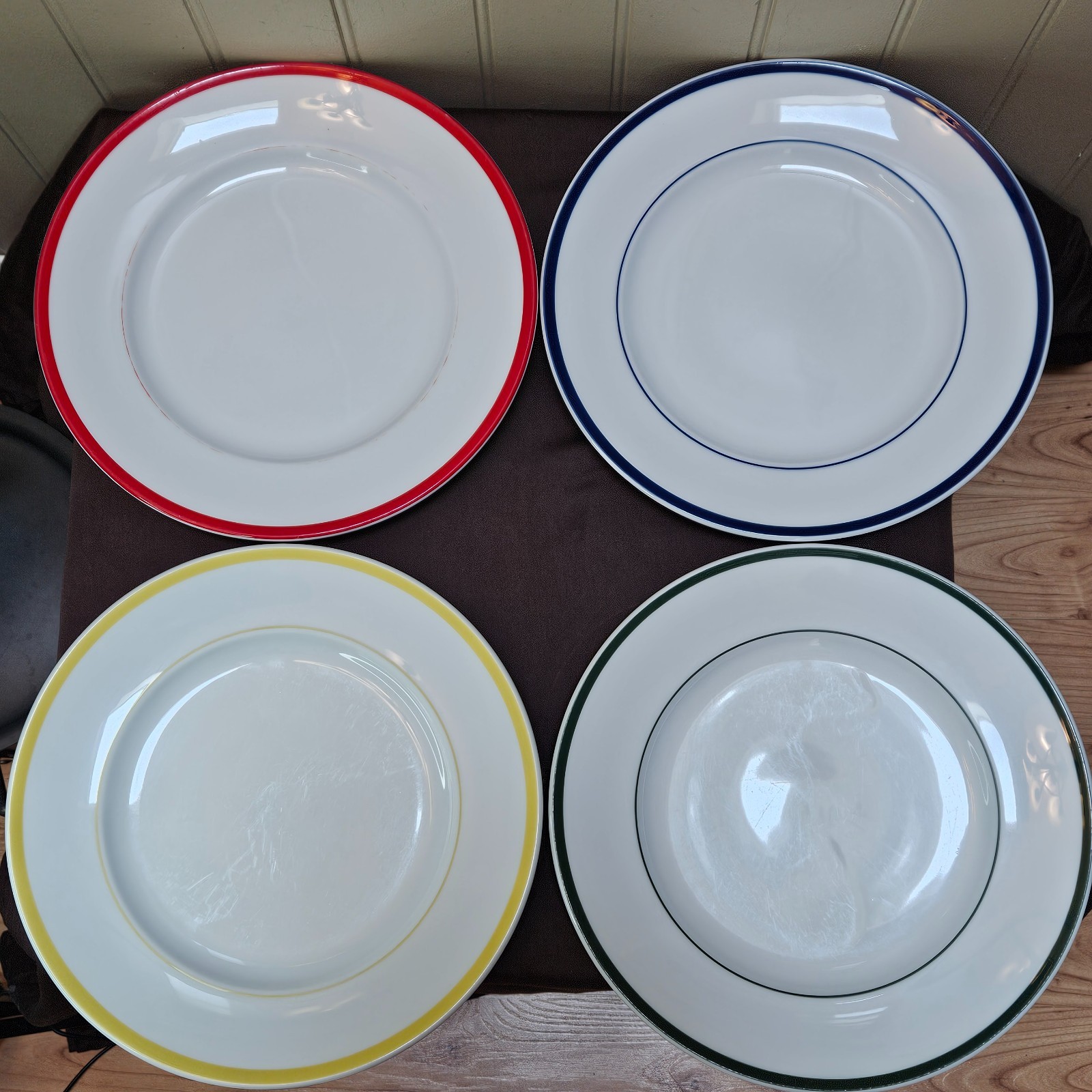 4 Williams Sonoma Brasserie Multicolor 11” Dinner Plates Red Blue Green Yellow