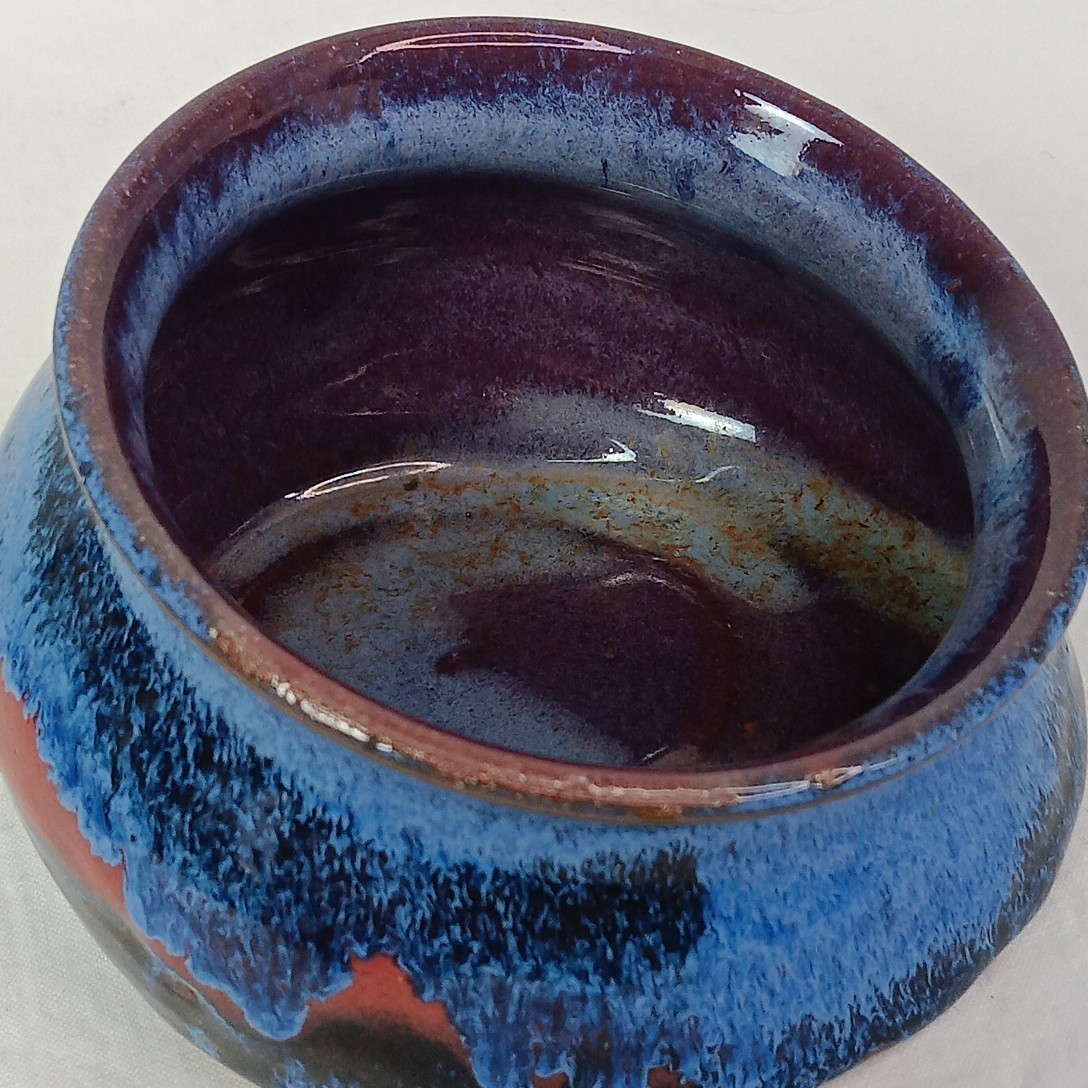 Art Pottery Studio Handcrafted Bowl Red Clay Blue Brown Glaze Slanted Angled