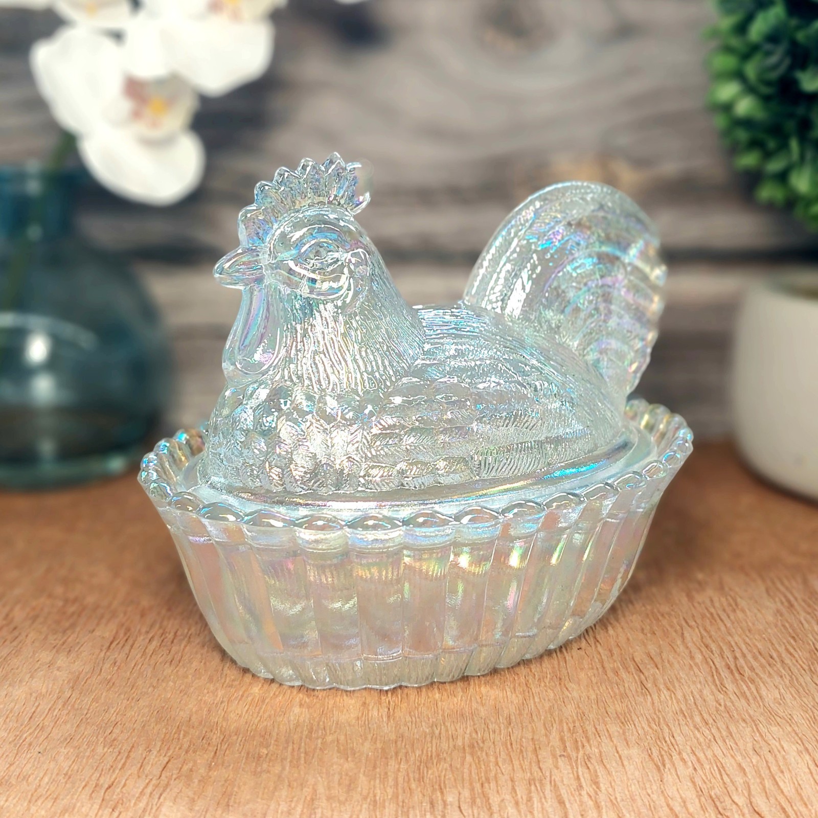 Carnival Glass Rooster Hen on Nest Chicken Candy Dish, Depression Style