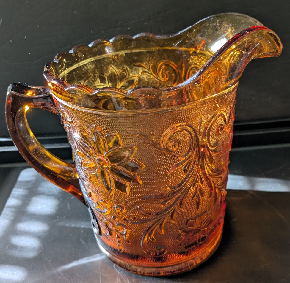 Vintage Tiara Indiana Amber Sandwich Glass Pitcher with Scalloped Edges 68 oz.