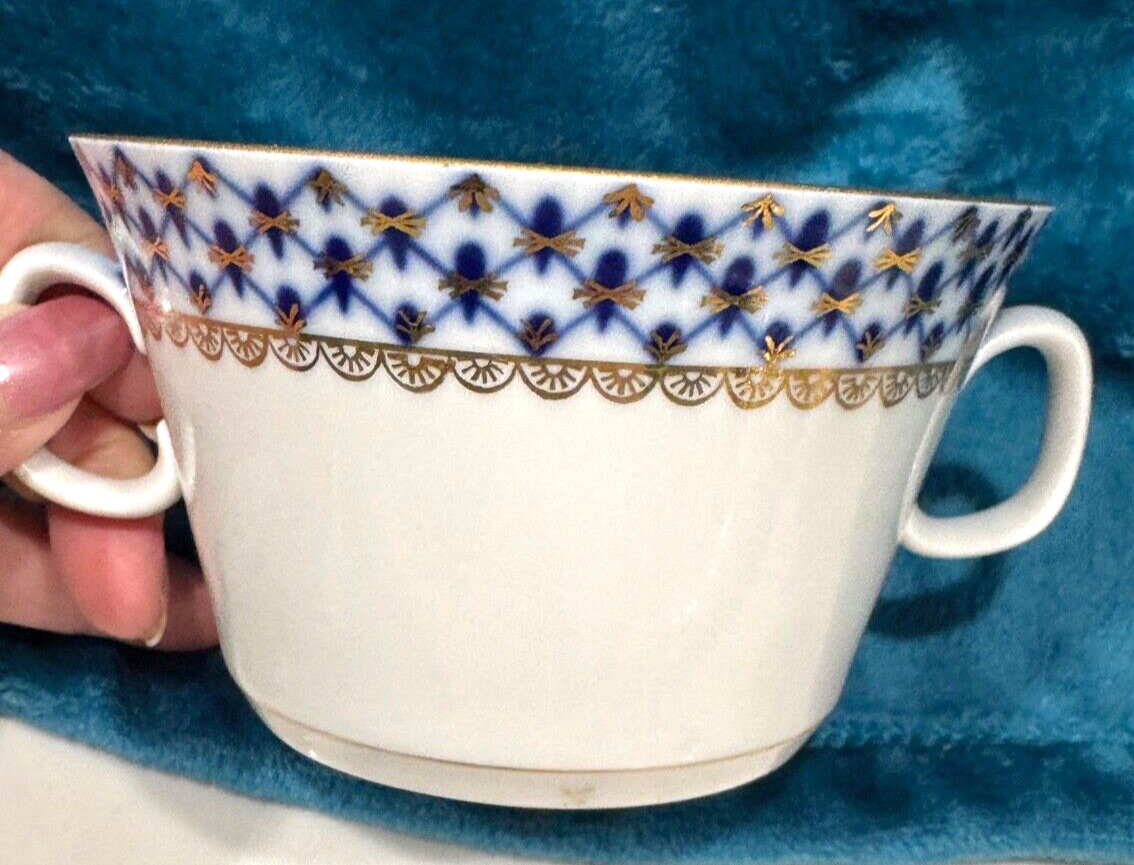 Lomonosov Imperial Porcelain Russian COBALT NET SOUP BOWL with SAUCER 4 NEW