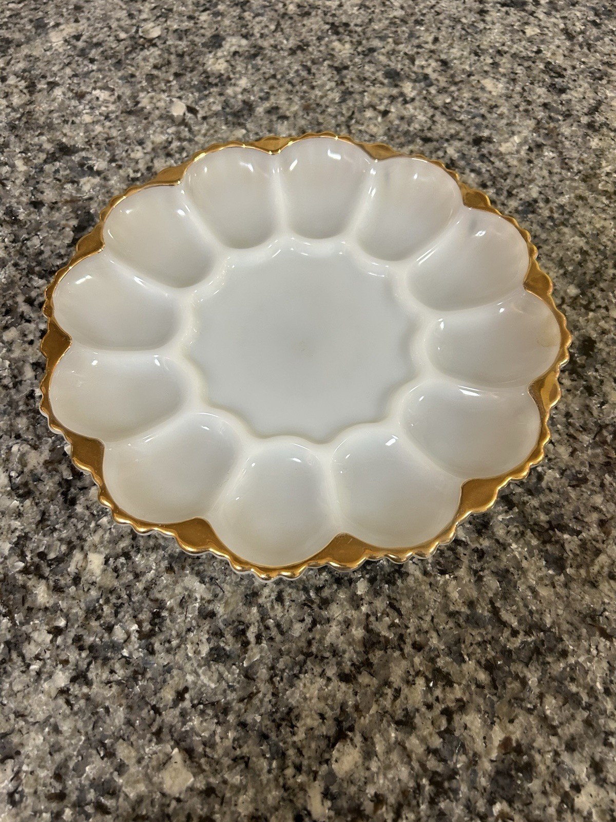 VTG 1950-1959 MCM Anchor Hocking Milk Glass Deviled Egg Plate W/Gold Rim