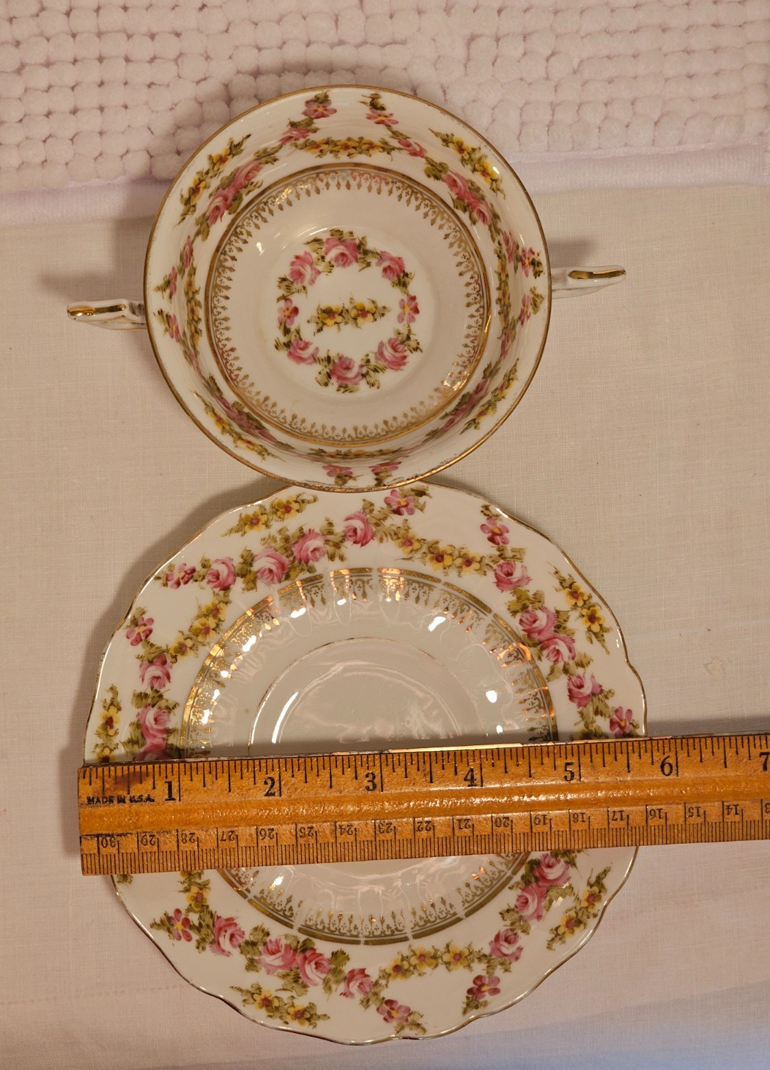 Bouillon cups w/ saucers, set of three, vintage china, Haviland, Vignaud, Saxe
