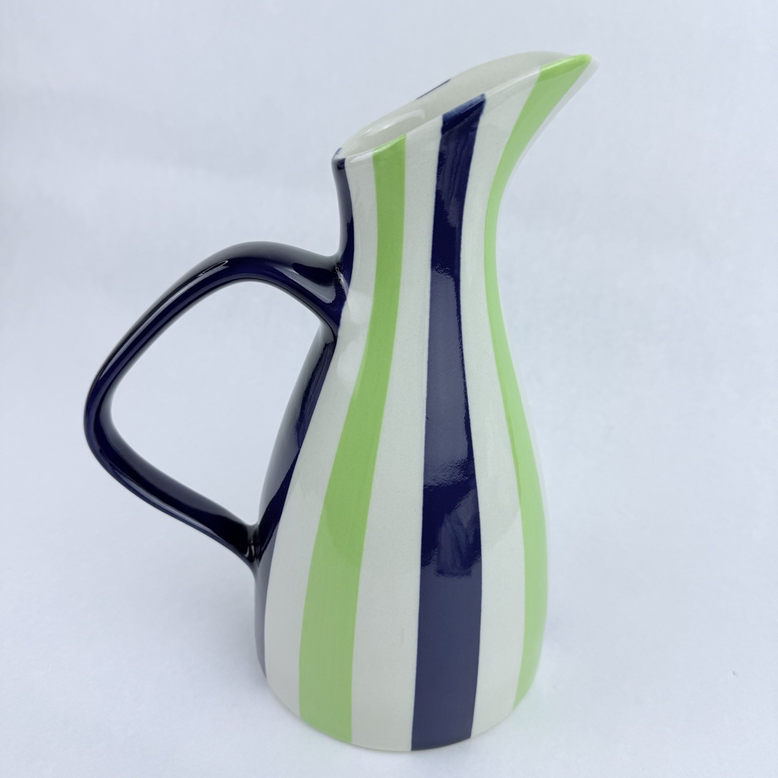 Vintage Jonathan Adler Ceramic Pitcher Pot Porter Green Blue White Stripes 9.5”