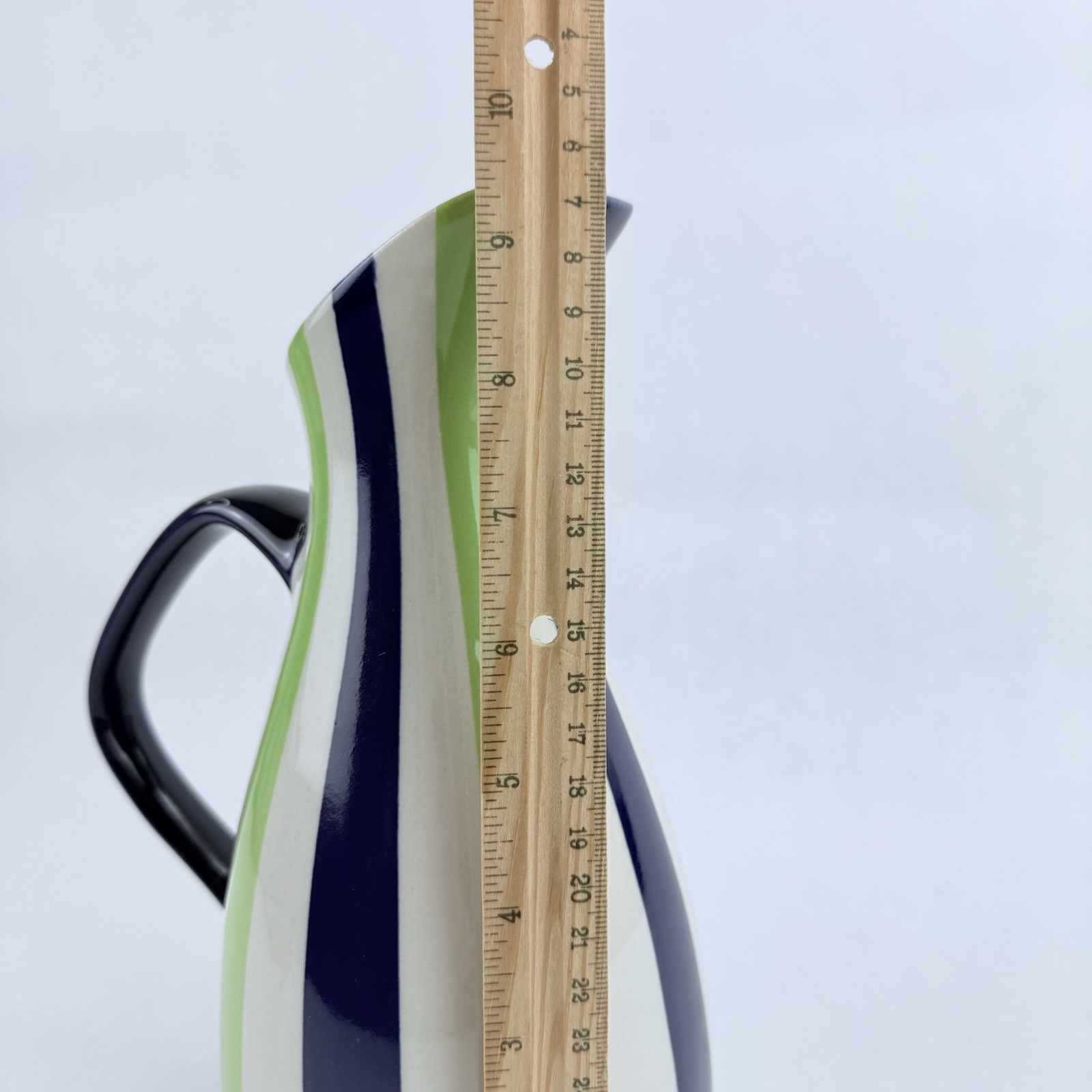 Vintage Jonathan Adler Ceramic Pitcher Pot Porter Green Blue White Stripes 9.5”