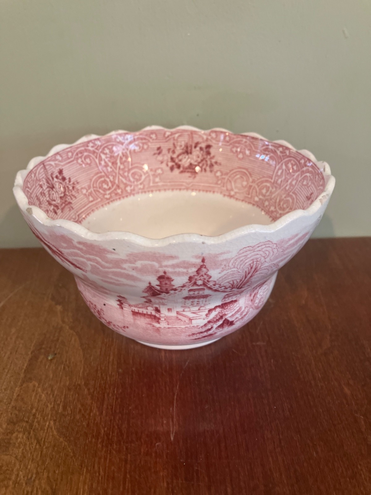 antique John Mayer & red transfer Roselle bowl 3 1/2 inches high