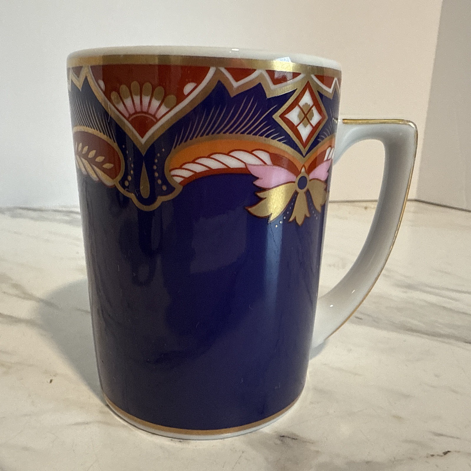 Neiman Marcus Coffee Cup Exclusive Porcelain Blue Rust Pink & Gold Trim Tea Mug
