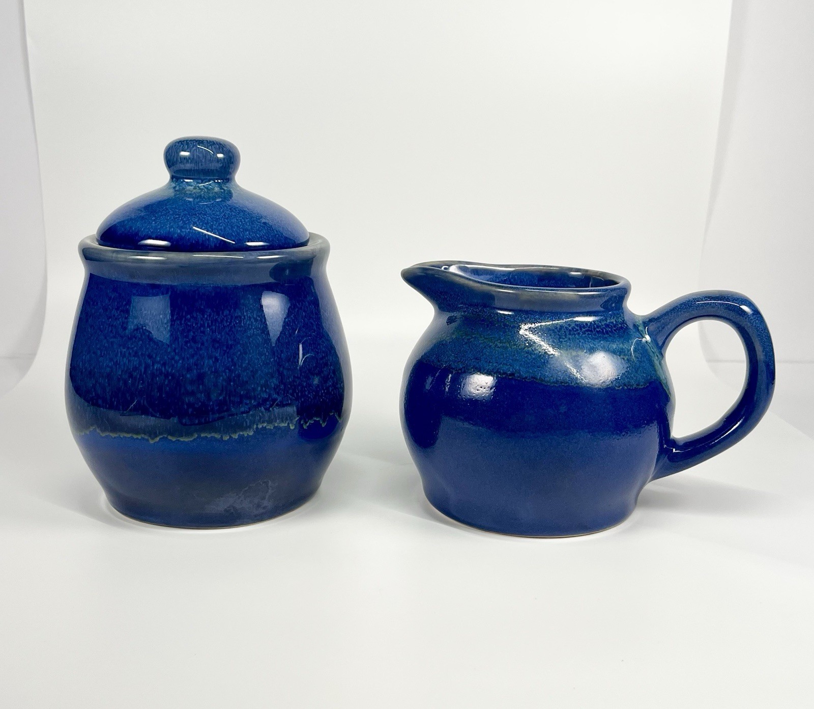 Handcrafted Stoneware Pottery Creamer And Lidded Sugar Bowl Set Blue Glaze EUC