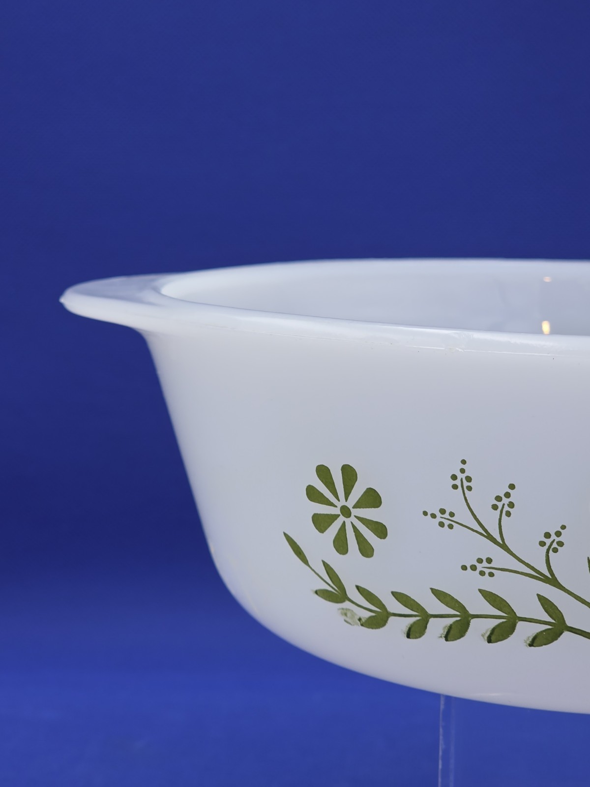 Glasbake Vintage MCM Milk Glass Oven Safe Casserole Dish Green Crazy Daisy