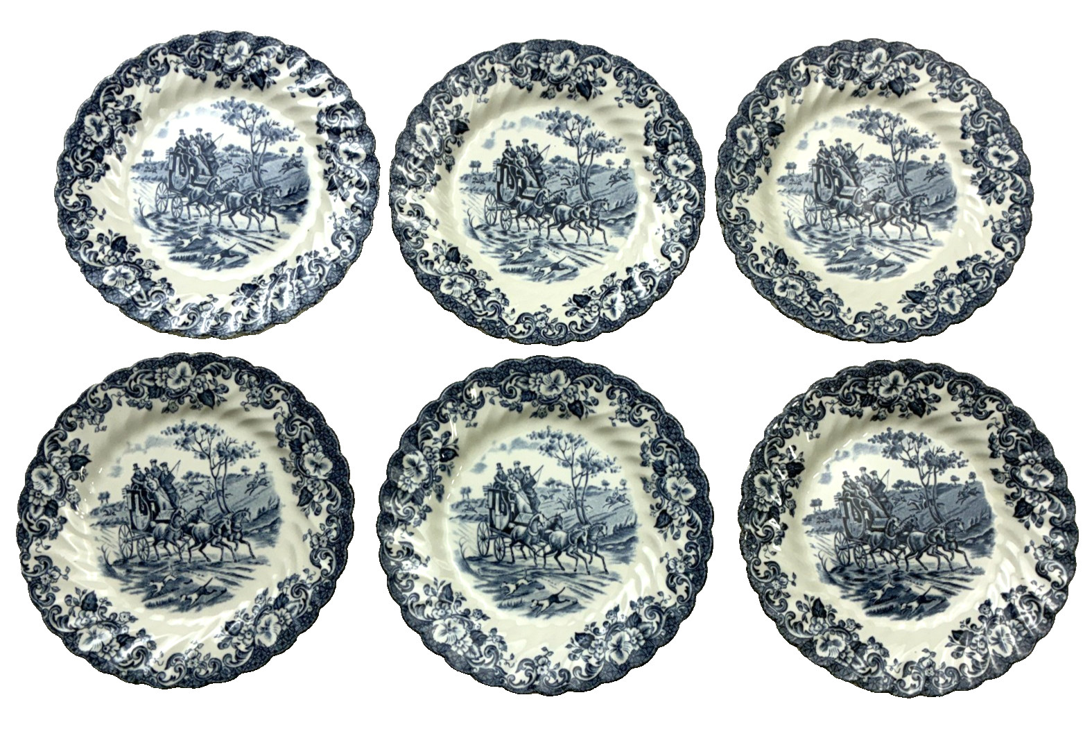 Lot of 6 Johnson Brothers England Coaching Scenes 6.25” Salad Plates Blue White