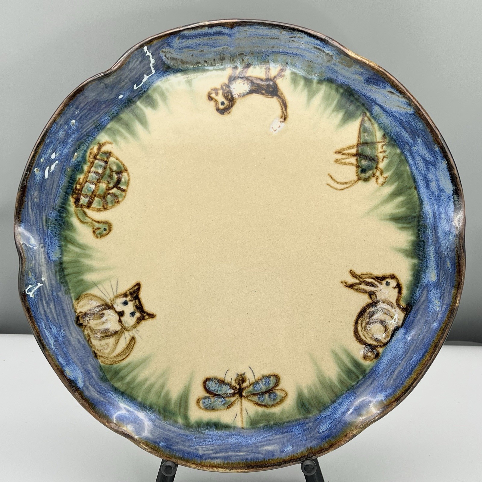 Janet Resnik HUGE 15.25″ LAZY SUSAN PLATTER Country Animals STUDIO ART POTTERY