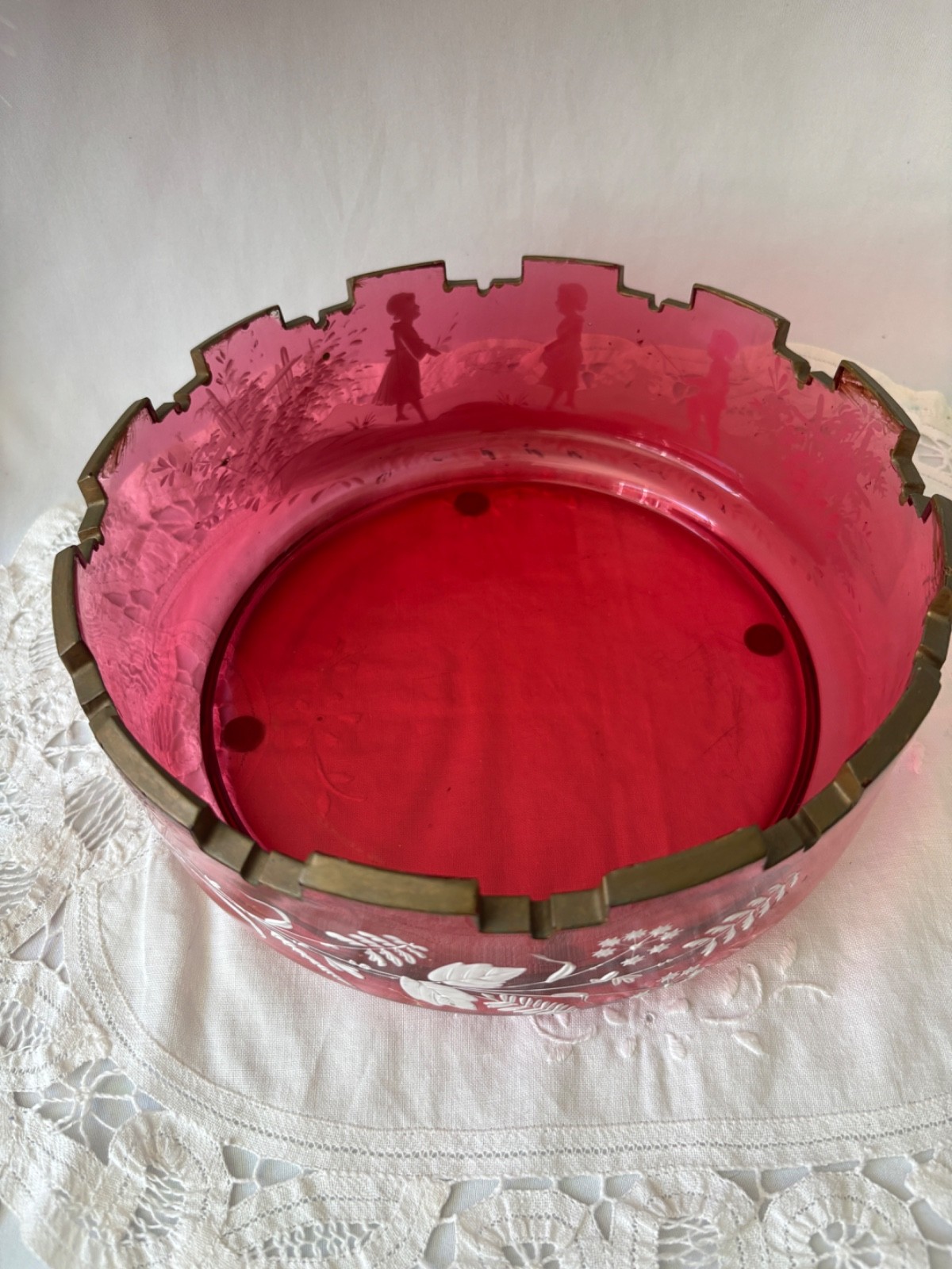VTG Bohemian Ruby Red Bowl Ruby Flash Cut To Frosted Flower and Children Motif