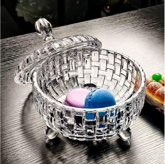 Candy Jar with Lid Crystal Candy Dish Bowl Weave Design Glass Sugar Storagefor W