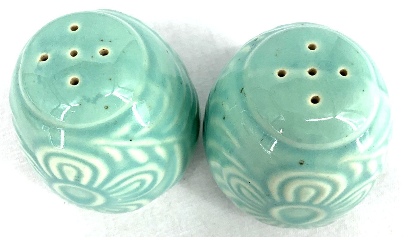 Shawnee Pottery Salt Pepper Shakers Aqua Blue Turquoise Flower Fern 3” Embossed