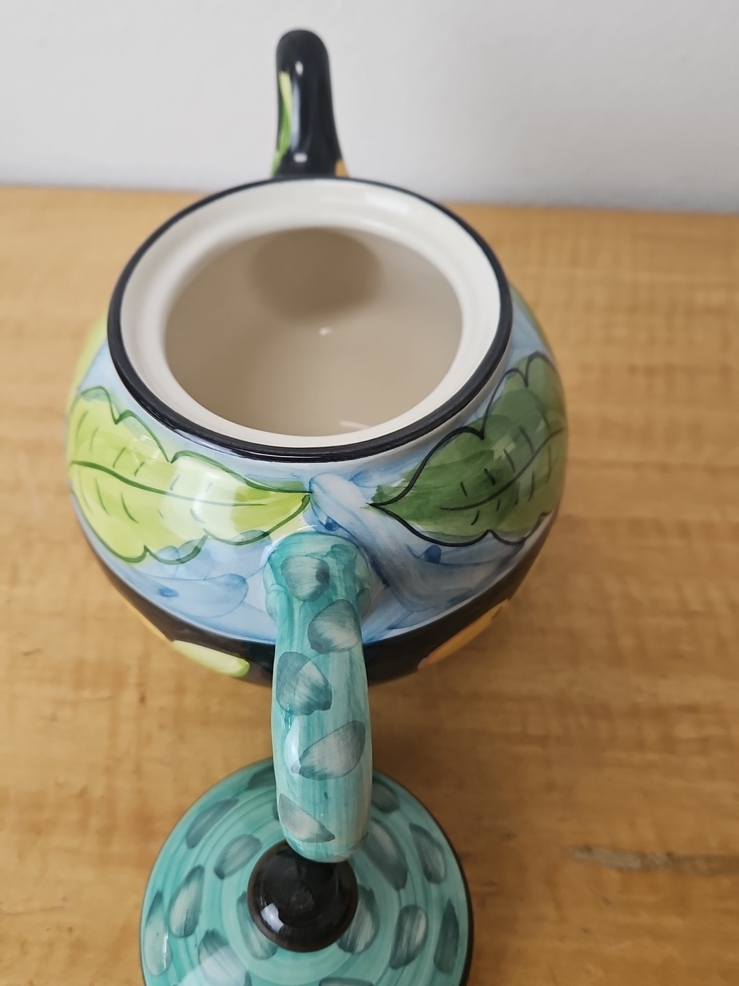 Favanol Teapot Fruit and Leaves Hand Painted Portugal blue, black, teal