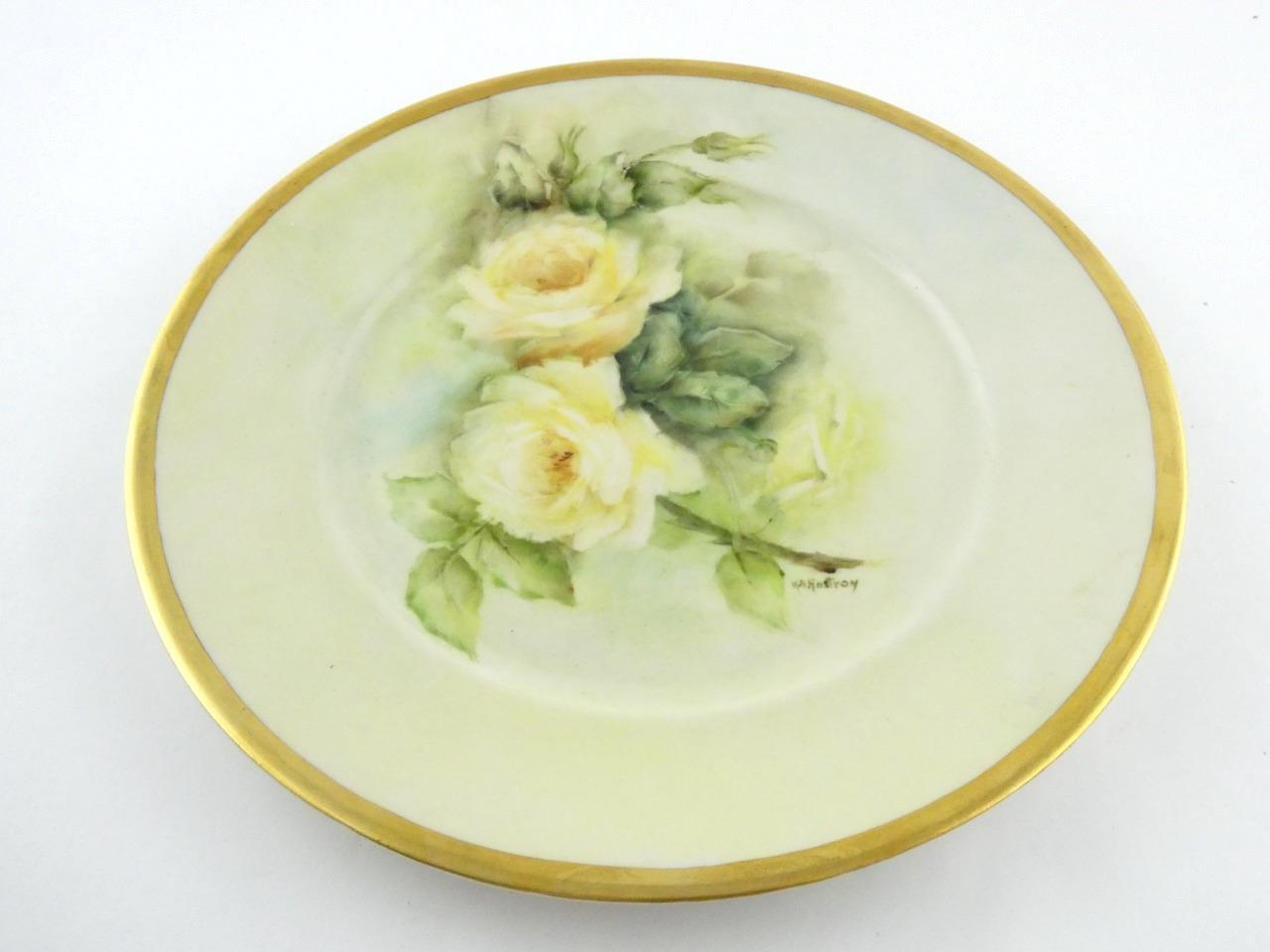 1970s Hand Painted Porcelain 5 Piece Place Setting Yellow Roses Signed VGOOD