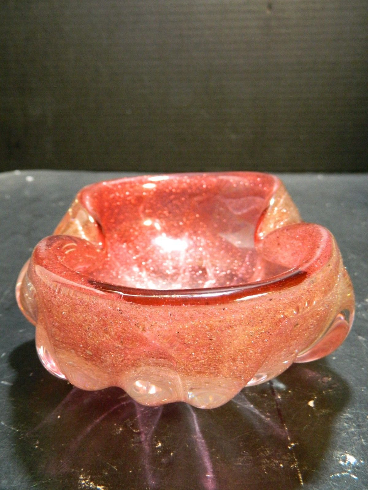 Murano Hand Blown Cranberry Art Glass Pinched Sides Bowl w/ Gold Dust 5.5″ Excel