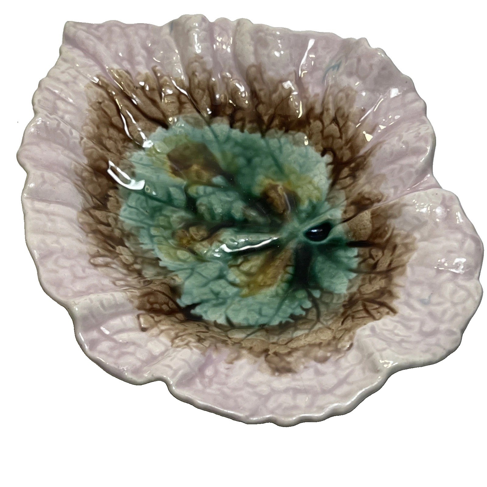 Antique 1880 Majolica Pottery Etruscan Begonia Leaf Dish Griffin Smith Hill Pink