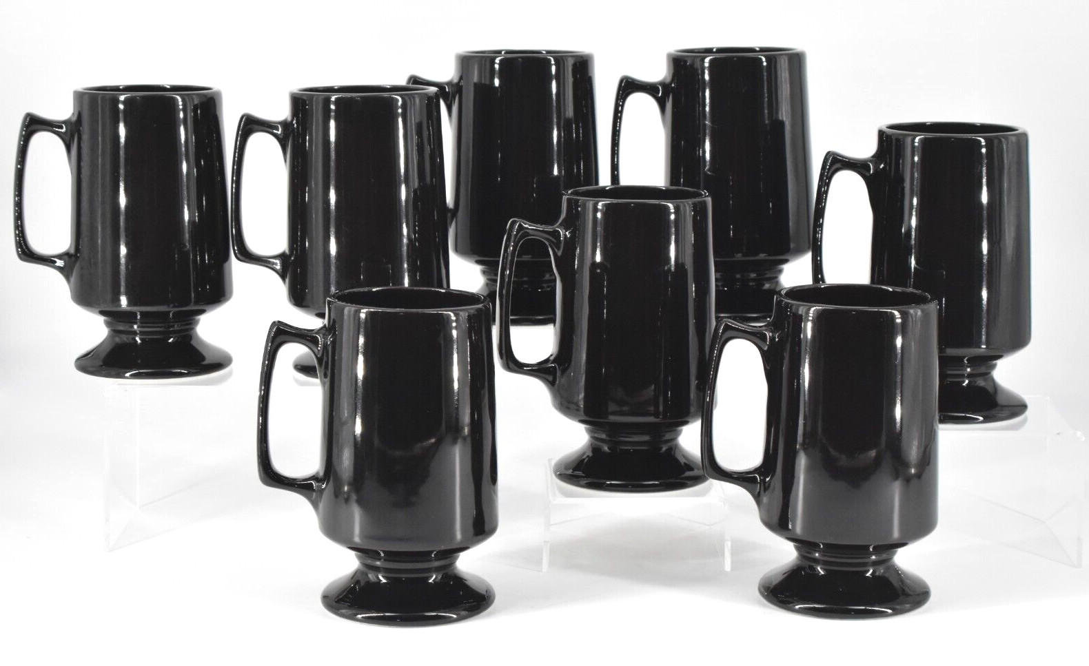Set of 8 VTG Hall Pottery Black Ceramic Footed Pedestal Irish Coffee Mugs #1873