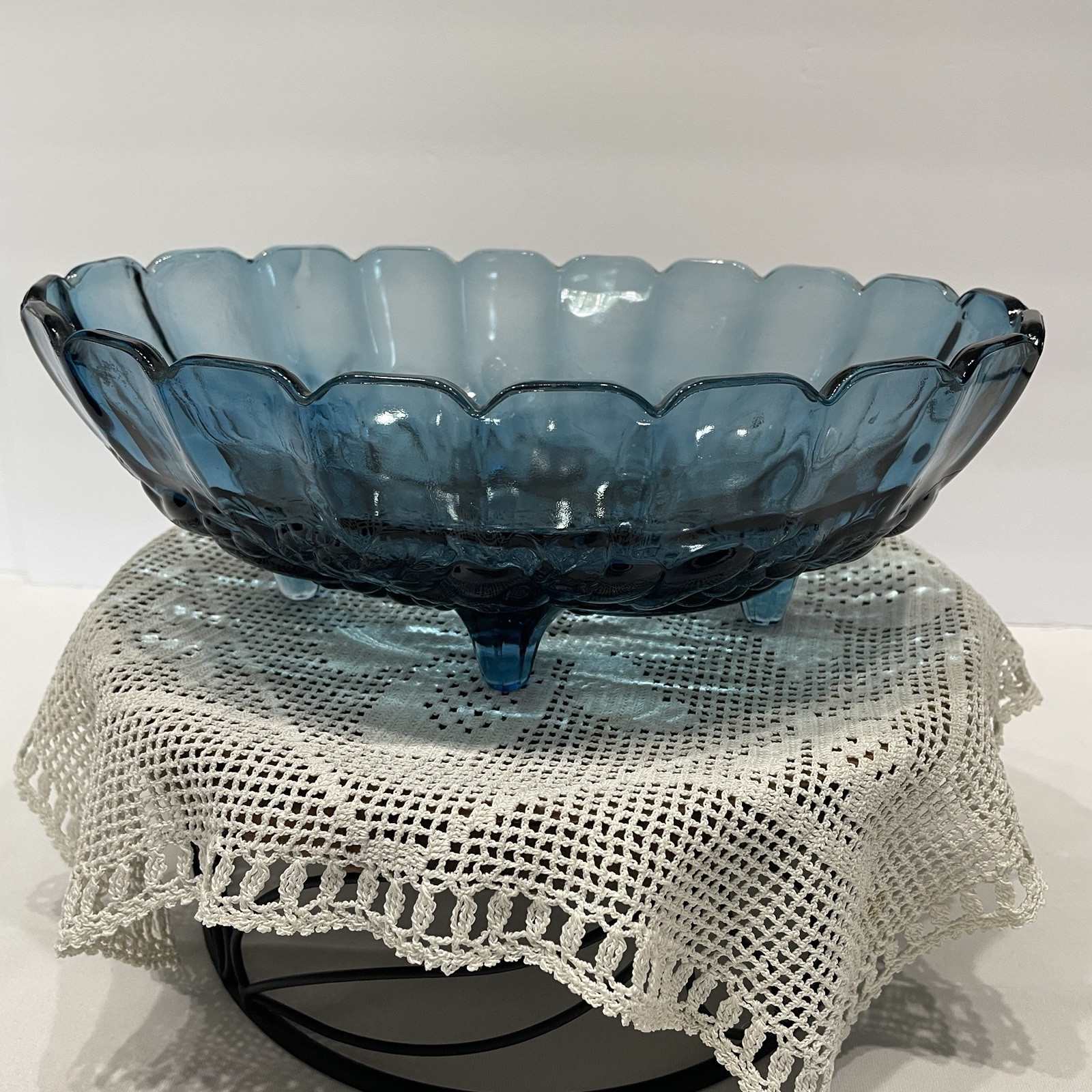 Vintage Indiana Glass Blue Garland Fruit Bowl Footed Oval 12inches Harvest Grape