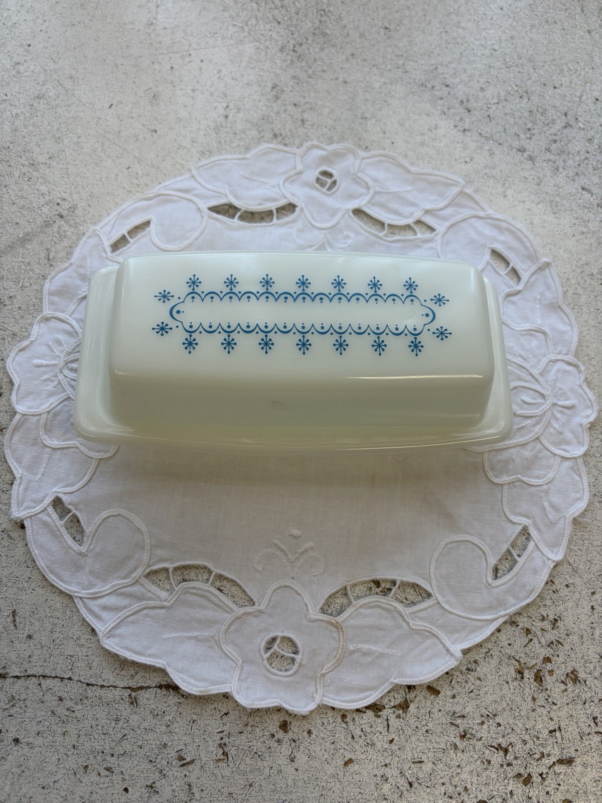 Vintage Pyrex Butter Dish Milk glass With Blue Snowflake Garland
