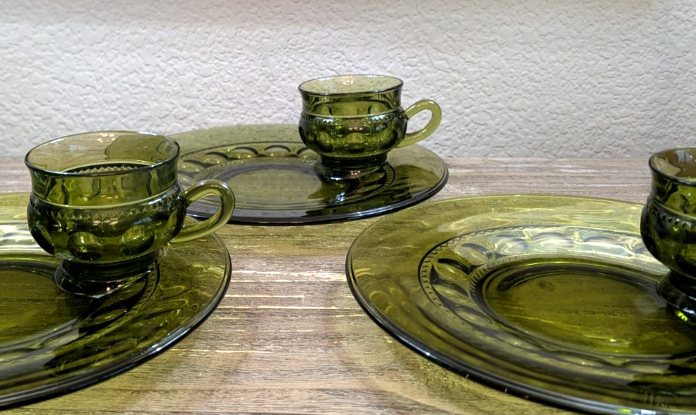 Vintage Olive Green Glass Snack Set Plates Cups Thumbprint Luncheon Set of 3