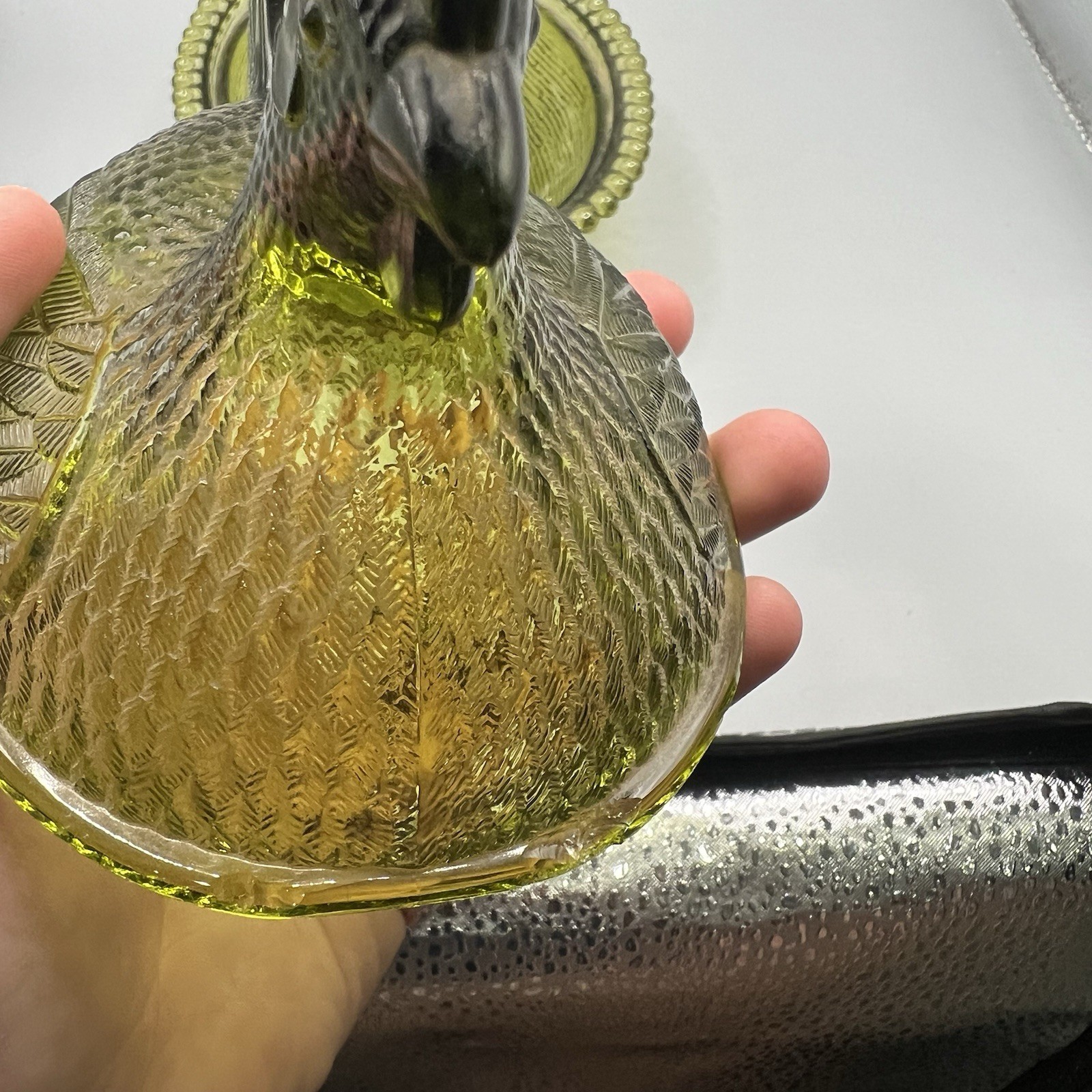 Vintage Indiana Olive Green Hen On Nest Glass Covered Candy Dish 7″