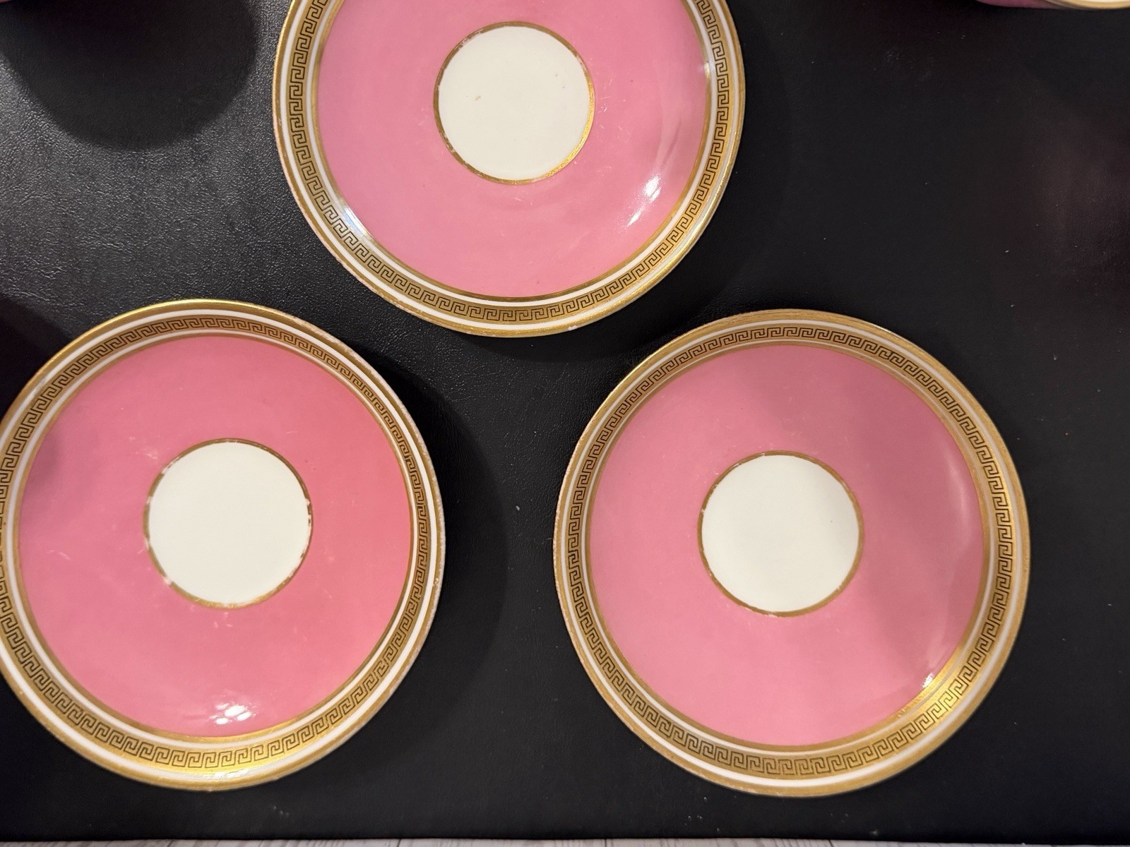 ANTIQUE CAULDON PINK SET OF 5 COFFEE TEA CUPS & SAUCERS GREEK KEY PORCELAIN RARE