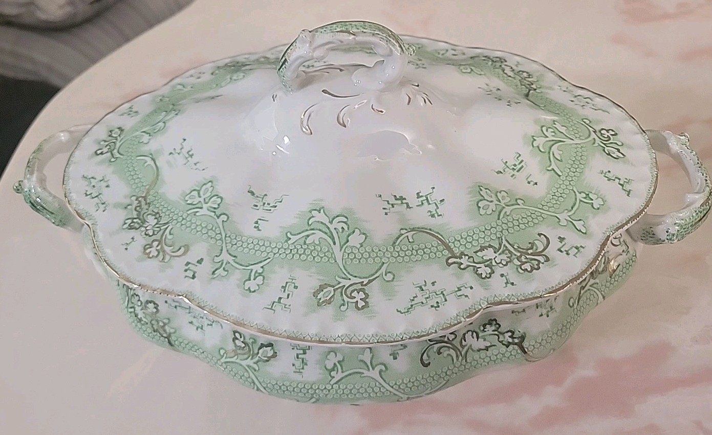 Johnson Brothers Green And Gold Covered Casserole Dish, Vintage