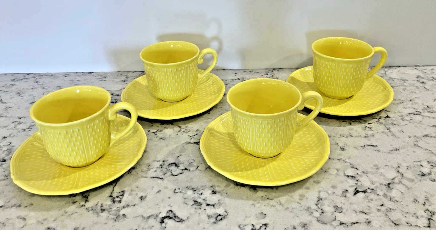 Vintage Bon Vivant Faience Yellow Hobnail 4 cups & 4 Saucers Set France Tea