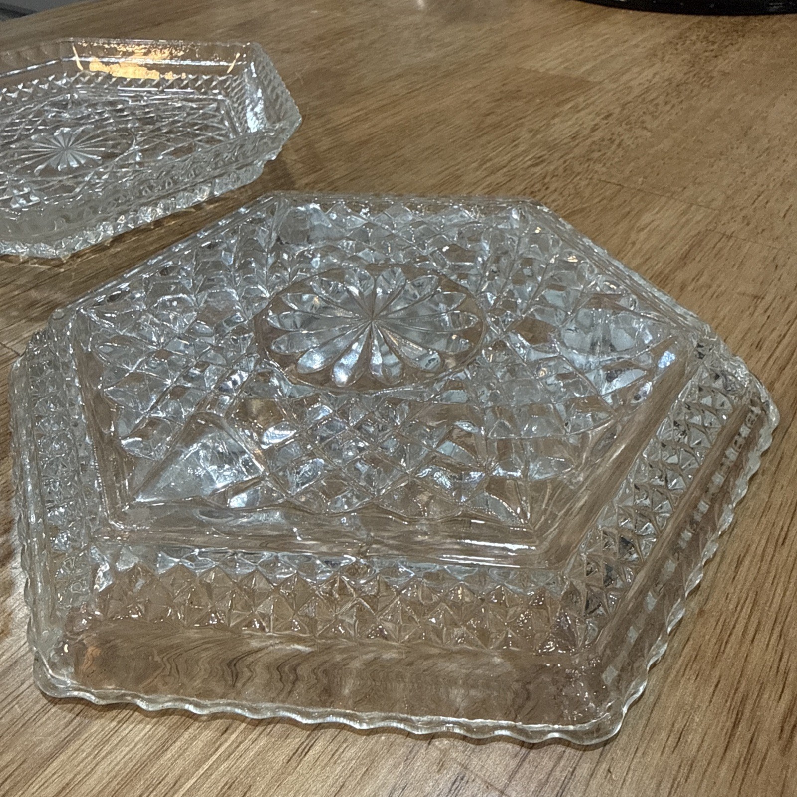 Anchor Hocking Wexford Diamond Glass Footed Hexagonal Shaped Dish Set of 3 ~1963