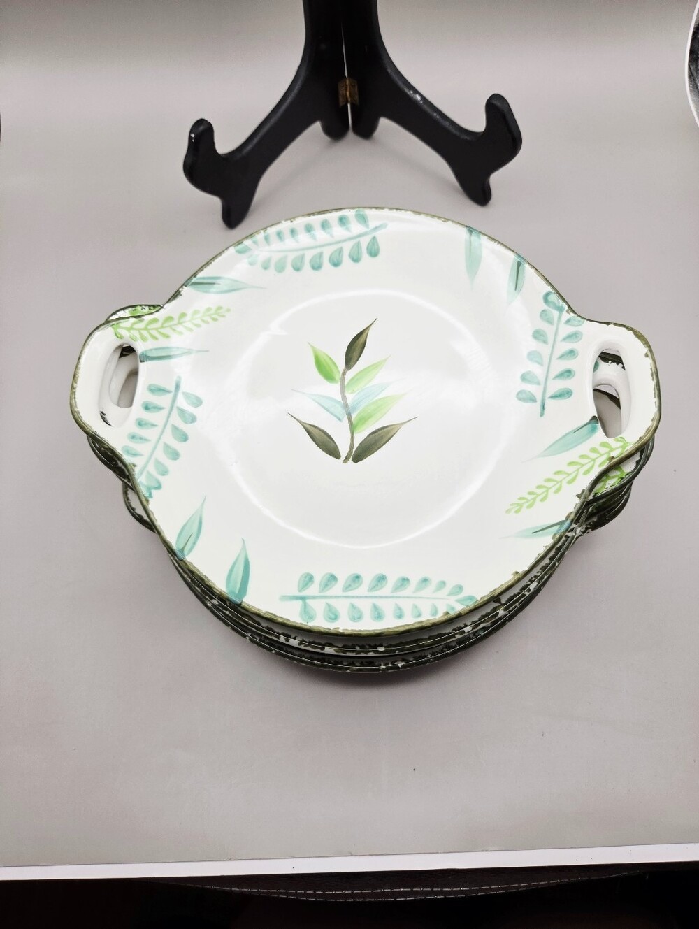 Botanical Leaf Ceramic Dessert or Salad Plates with Handles, Set of 6, NWOT