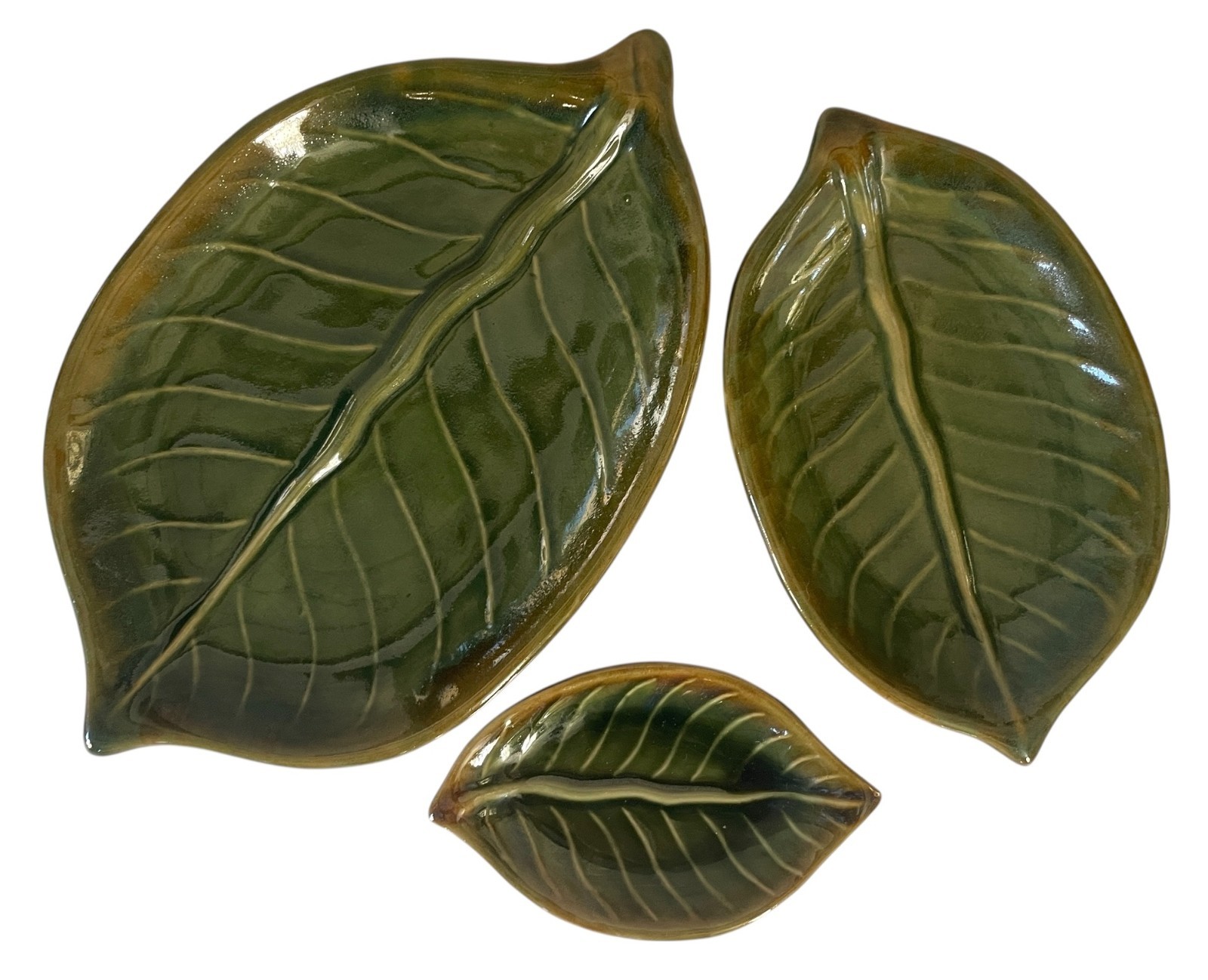 Pier 1 Stoneware Nesting Green Leaf Plate Set of 3 Vintage Serving Dishes Tiki