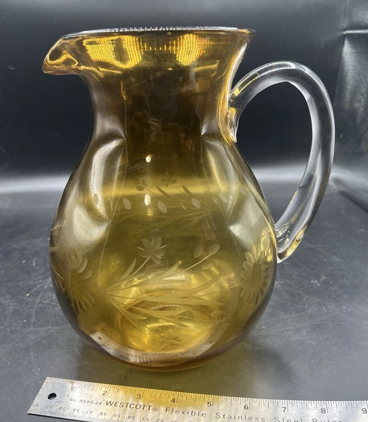 Pitcher Hand Blown Etched Glass Amber Applied Handle MCM 9.5” Vintage