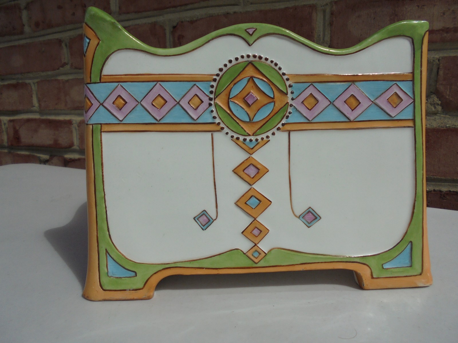 Unusual Antique Secessionist Style Majolica Triangular Ftd Bowl 10 1/2″