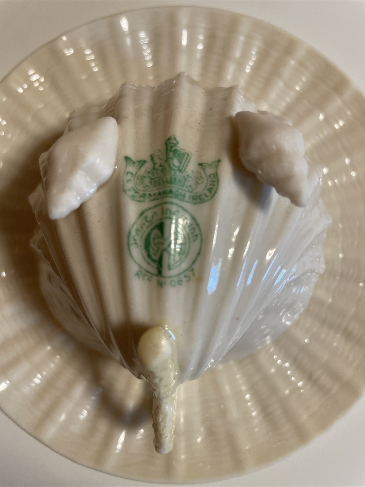 BELLEEK Neptune Yellow Shell Cup and Saucer 4th Gen Green Mark from 1946 -1955