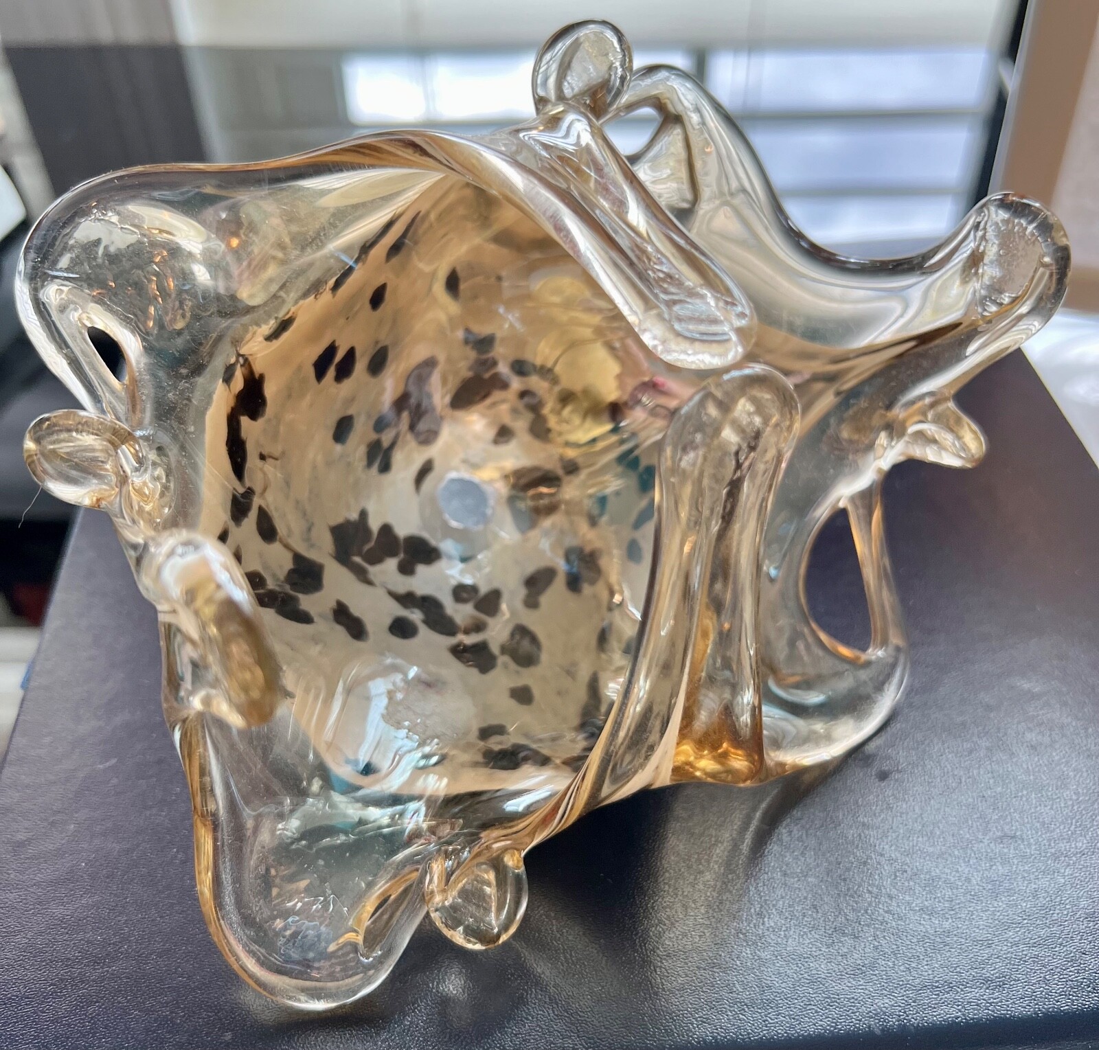Finger Art Glass Small Bowl Light Neutral Gold Black Spots Swirl 6″ x 5″ Candy