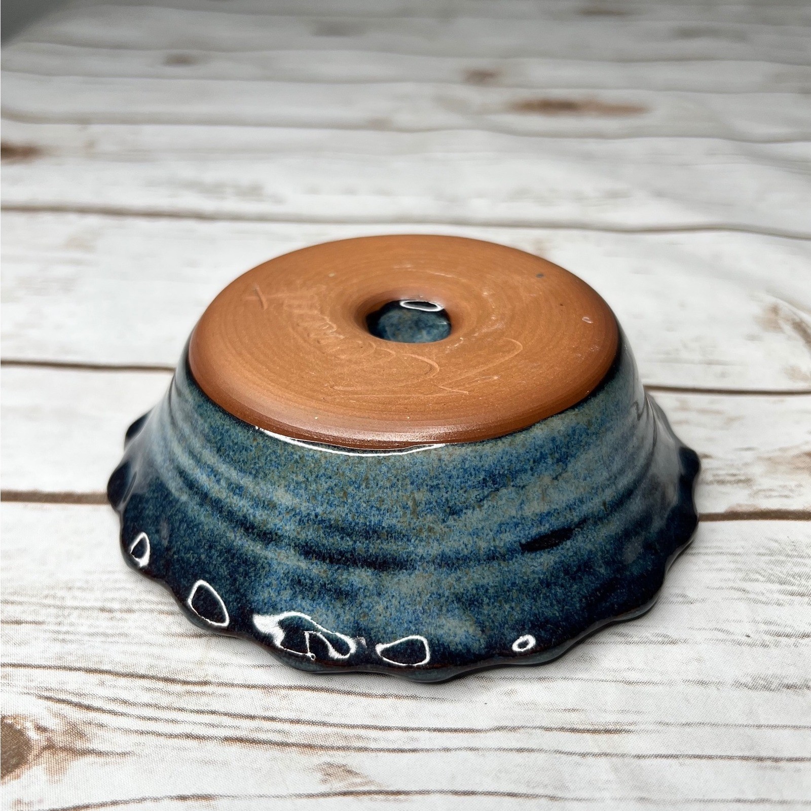 Handmade Clement Clayworks Studio Pottery Apple Baker Blue Scalloped 5in