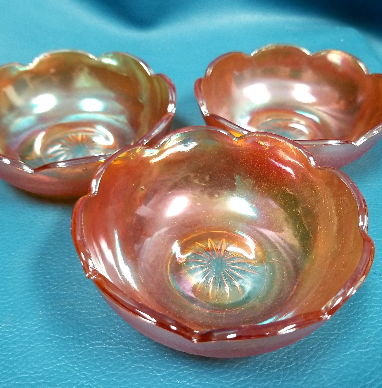 3 Small Replacement Jeannette Glass Co Carnival Glass Bowls Marigold Iridescent