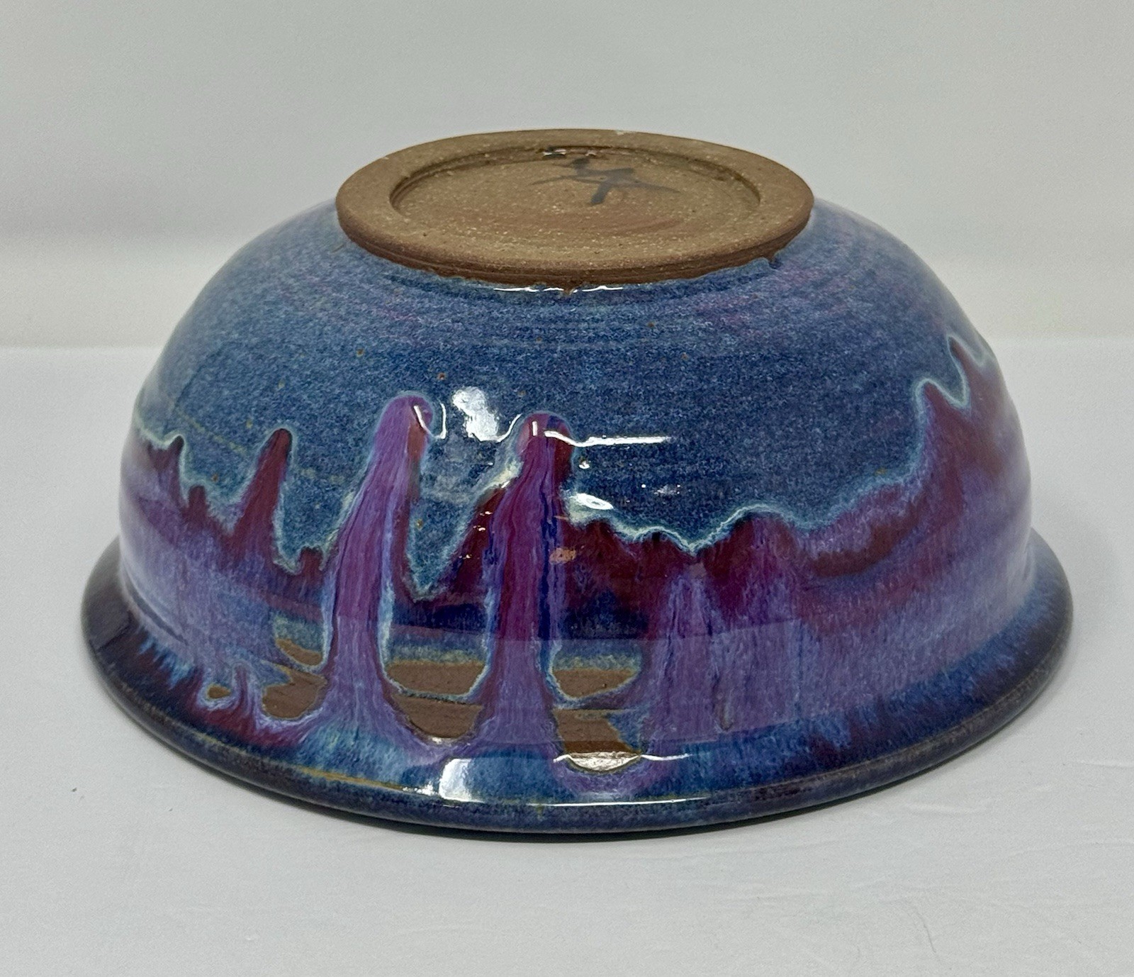 Vintage Studio Pottery Bowl Blue Purple Drip Glaze Handmade Ceramic Signed 7.75”