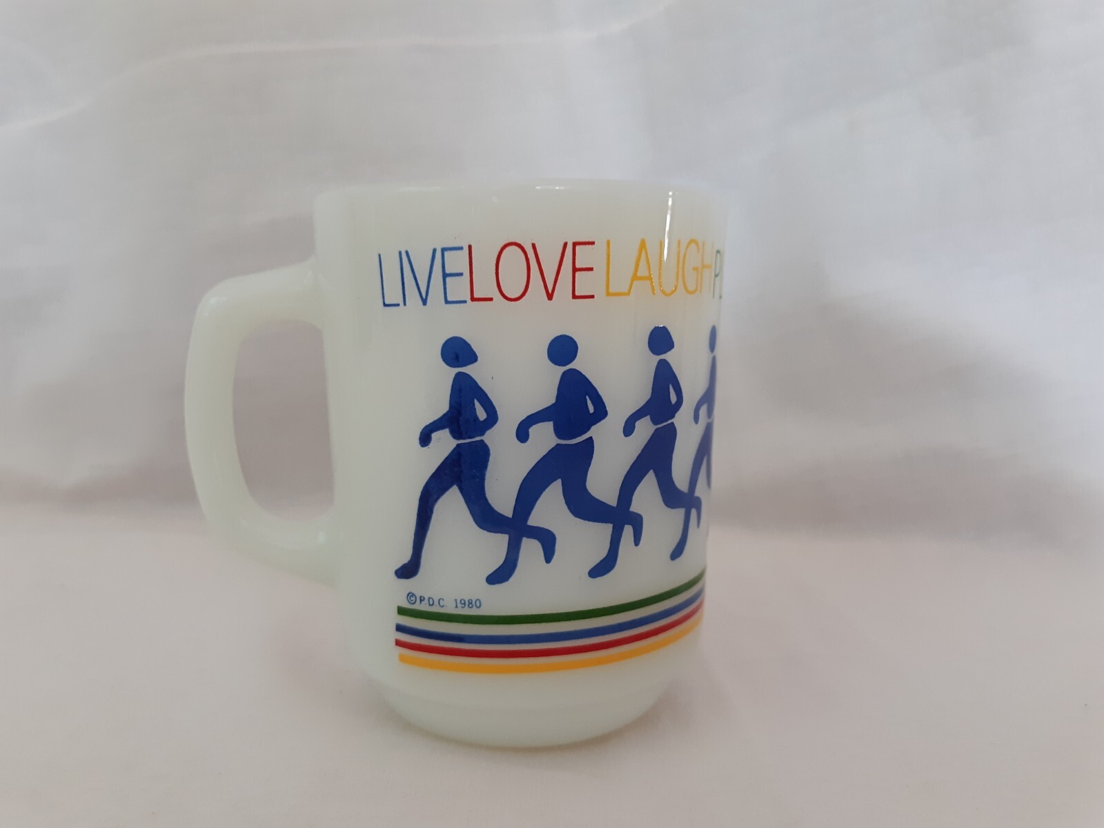 1980 Anchor Hocking FireKing Rainbow Runner Live Love Laugh Play Milk Glass Mug