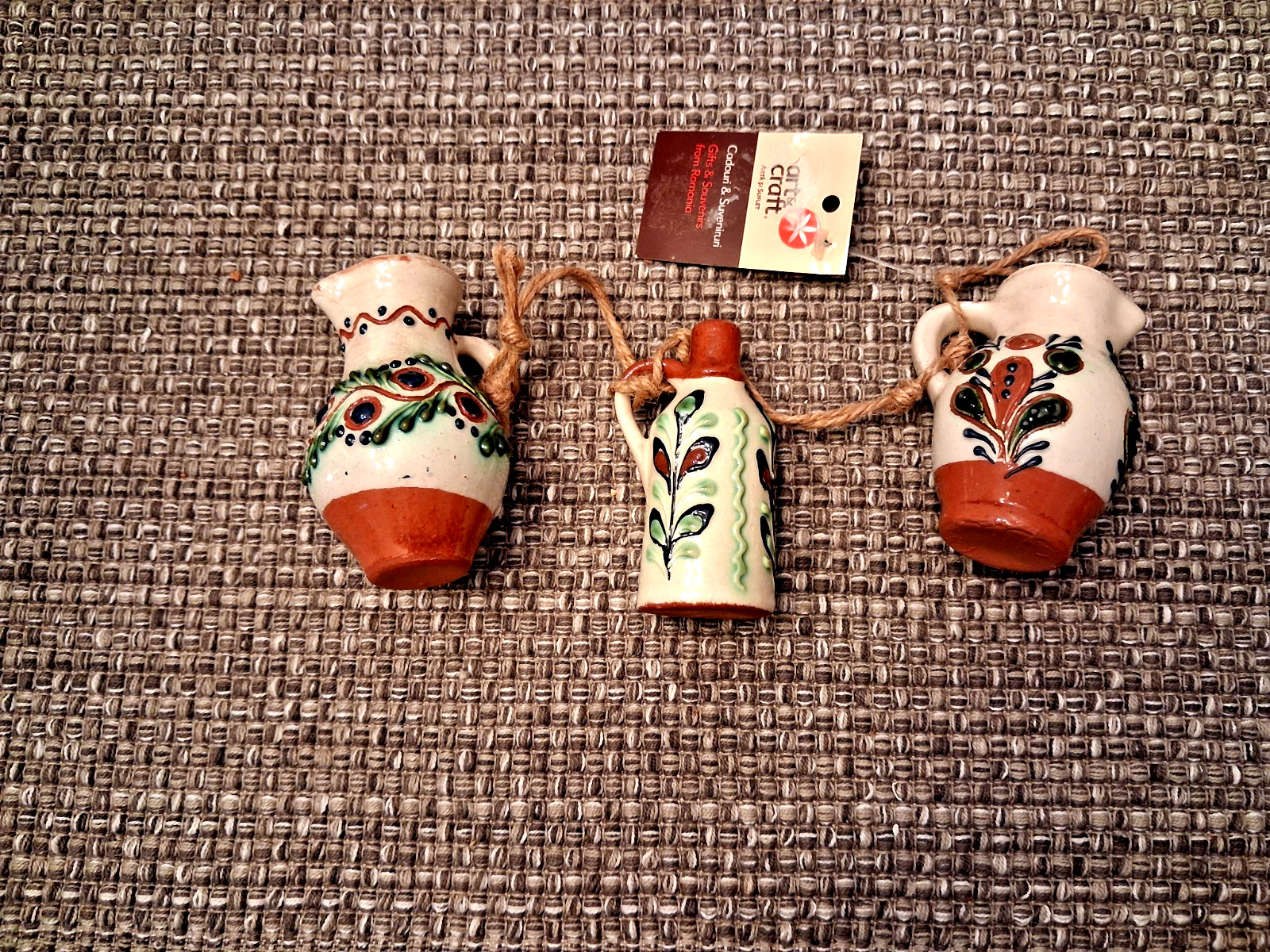 Set of 3 Miniature Romanian Hand-Painted Floral Pottery Jugs 3 Inches