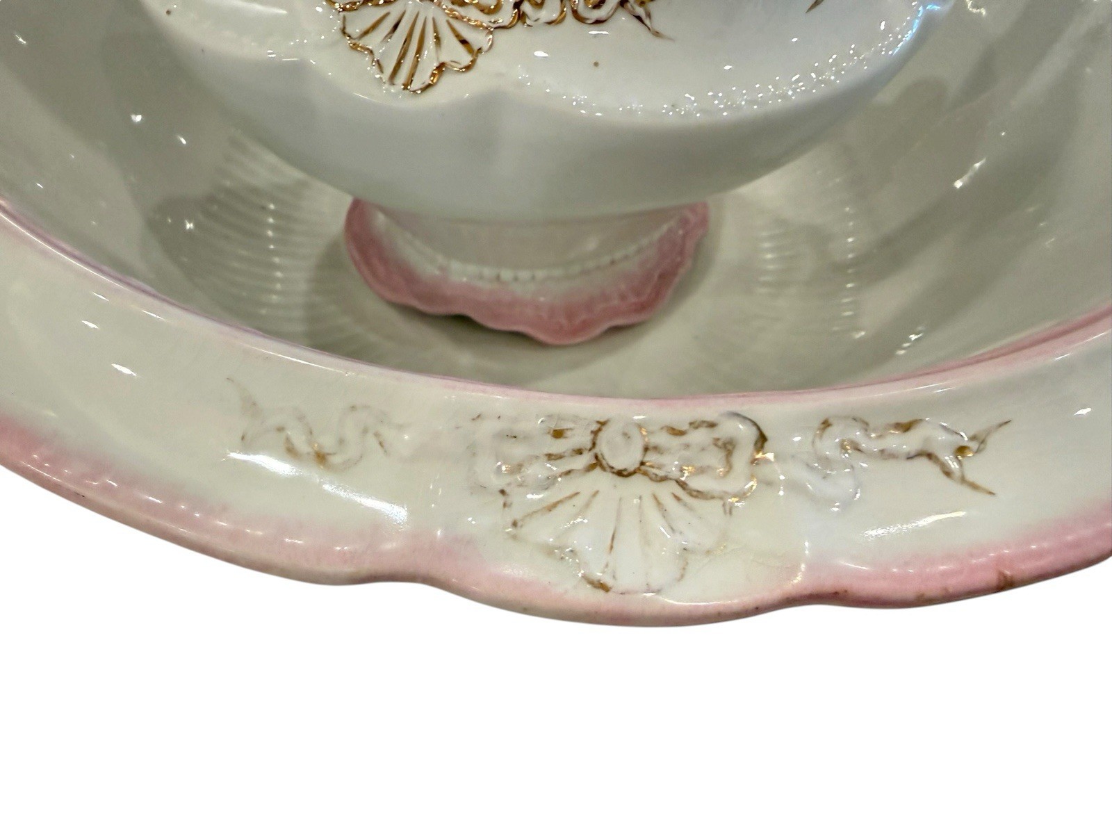 Antique WH Grindley XL 17.5″ Pitcher Basin Set Pink Ombre Gold Bows England 1890