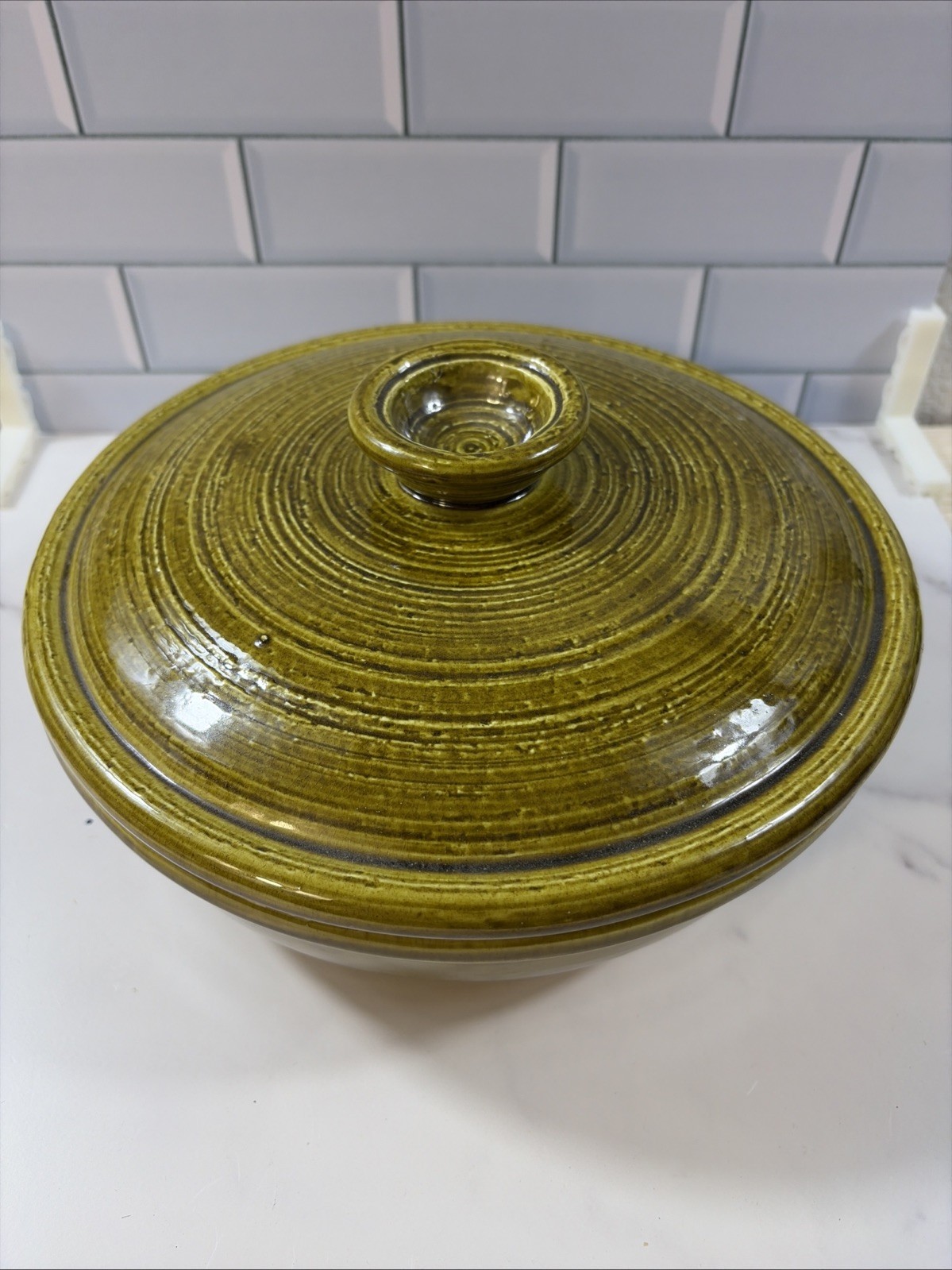 Vintage USA Olive Green Casserole Dish Bowl Lid Pottery Stoneware; MCM Beauty!!