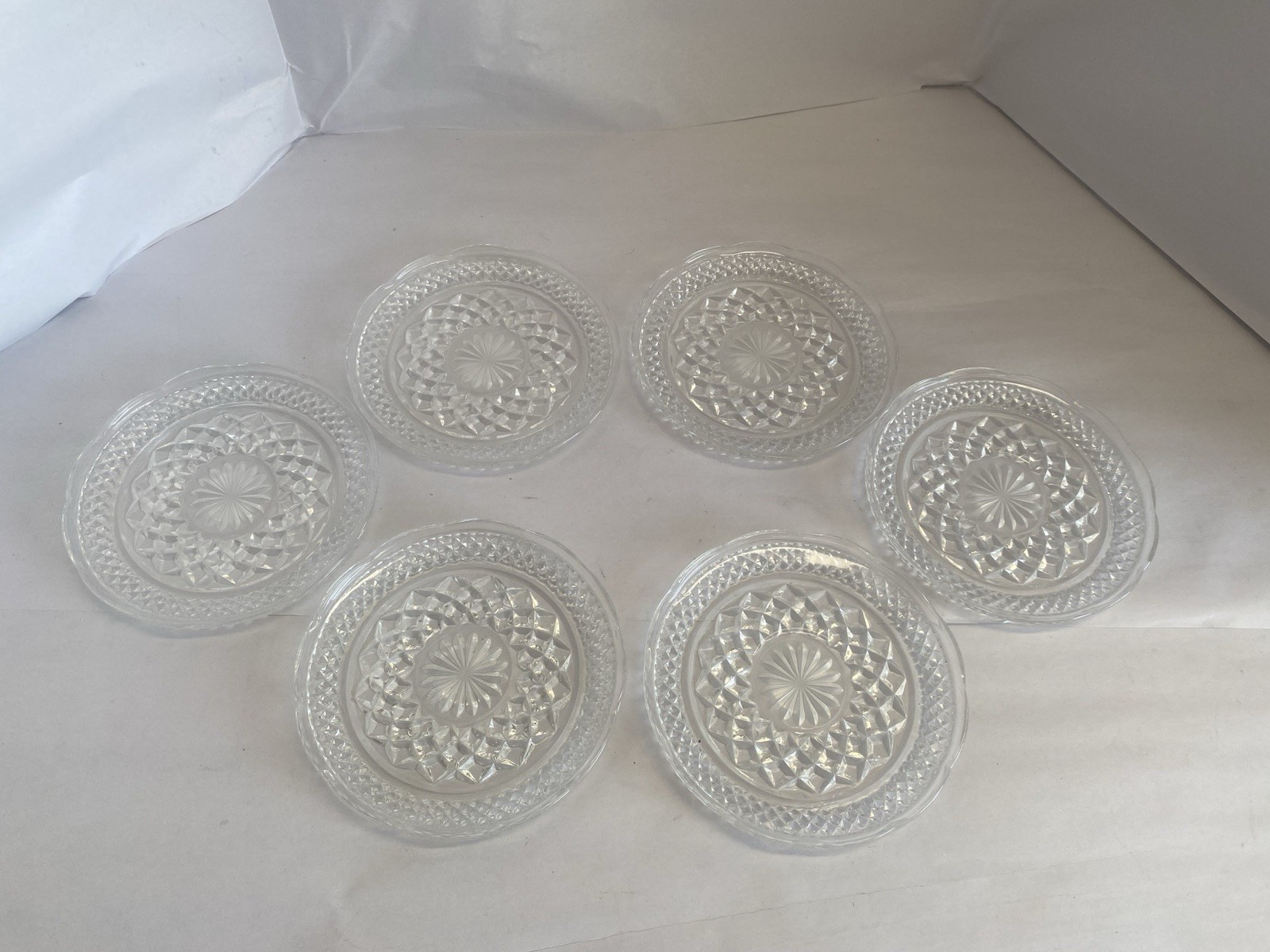 Vintage Set Of 6 Anchor Hocking Wexford 6” Glass Dessert Plate Scalloped Edge