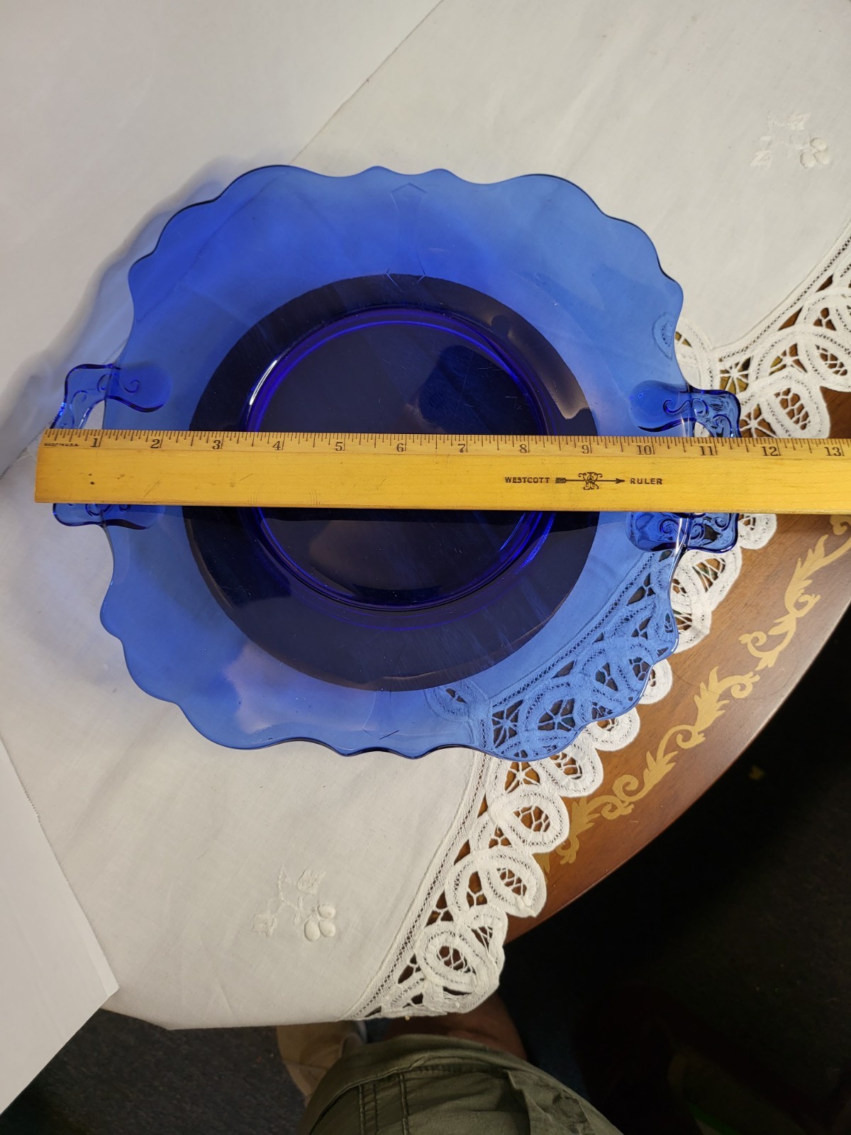 Unmarked Cobalt Blue Glass Solid Round Platter Handles 13 in