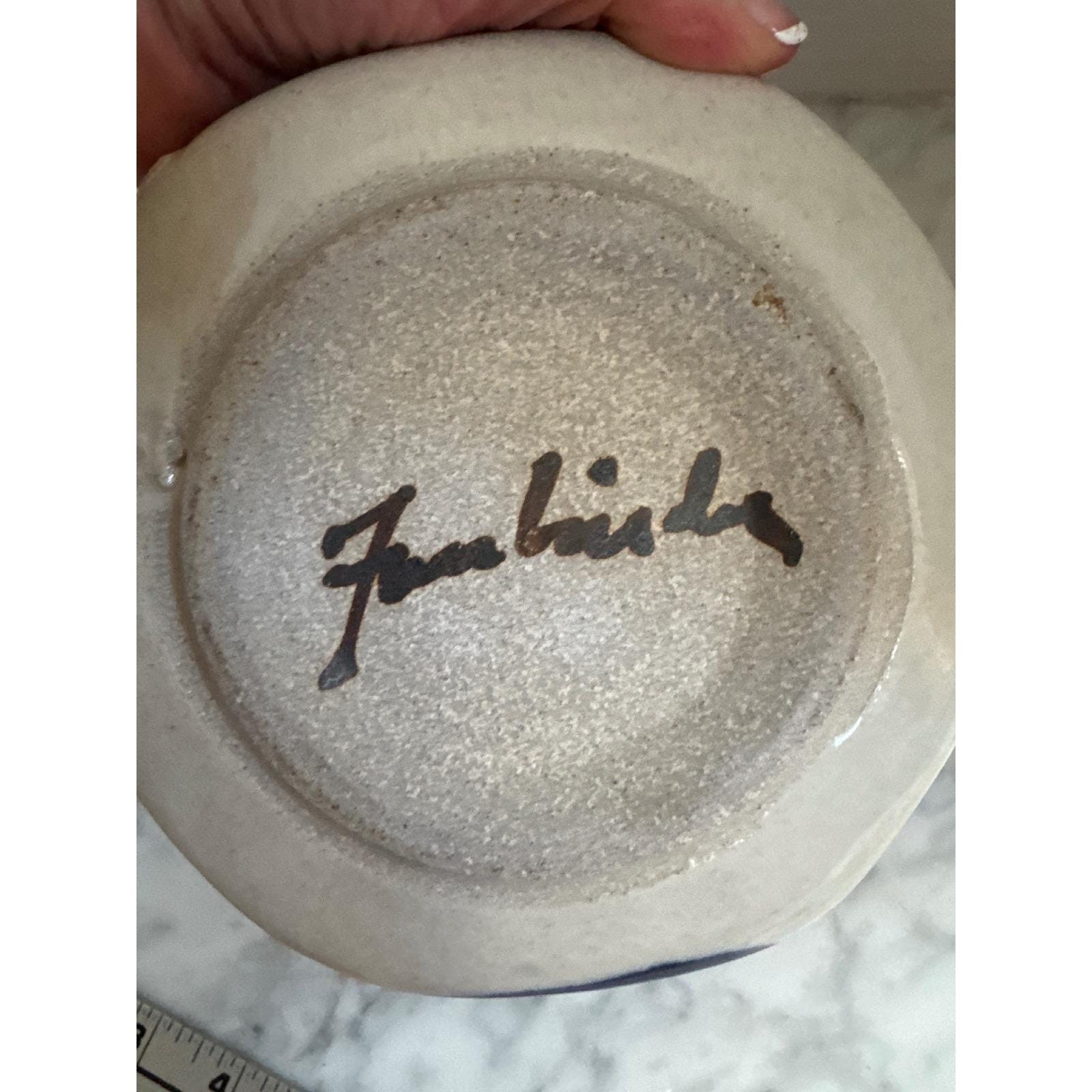 John Fassbinder Signed Studio Pottery Hexagon Floral Stoneware Dish Blue Cream